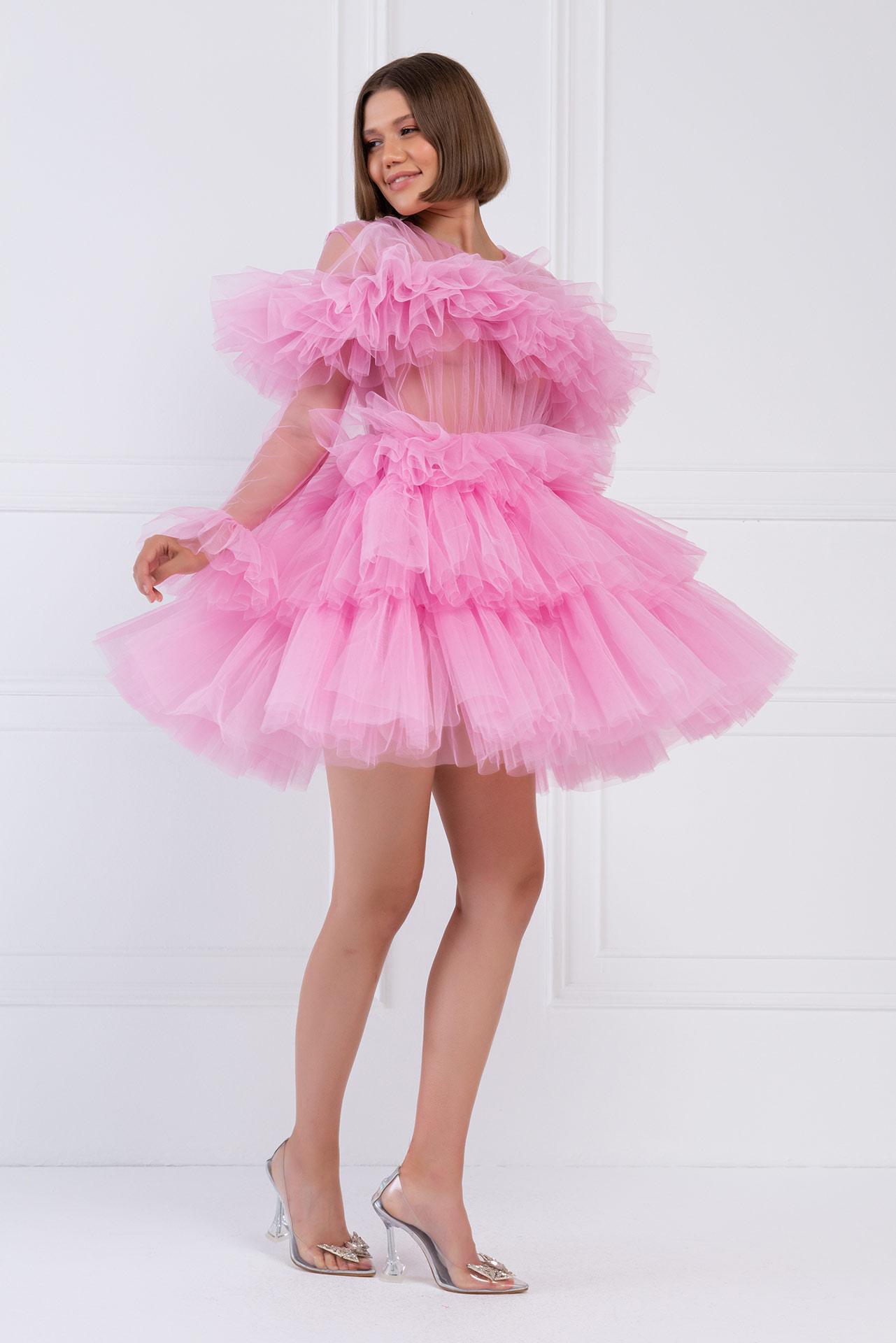 Ruffle Tulle New Pink Crew Neck Mini Dress