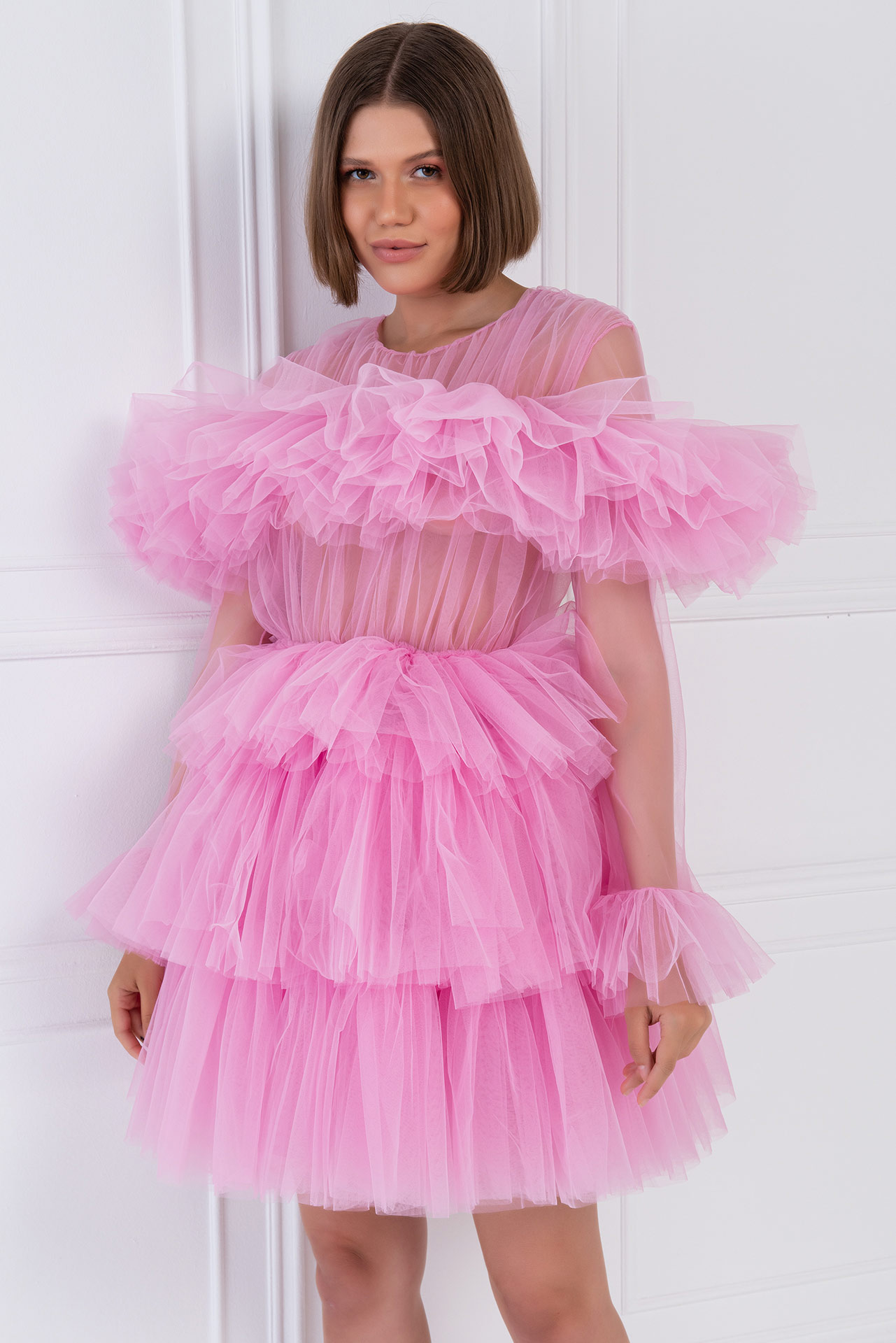 Ruffle Tulle New Pink Crew Neck Mini Dress