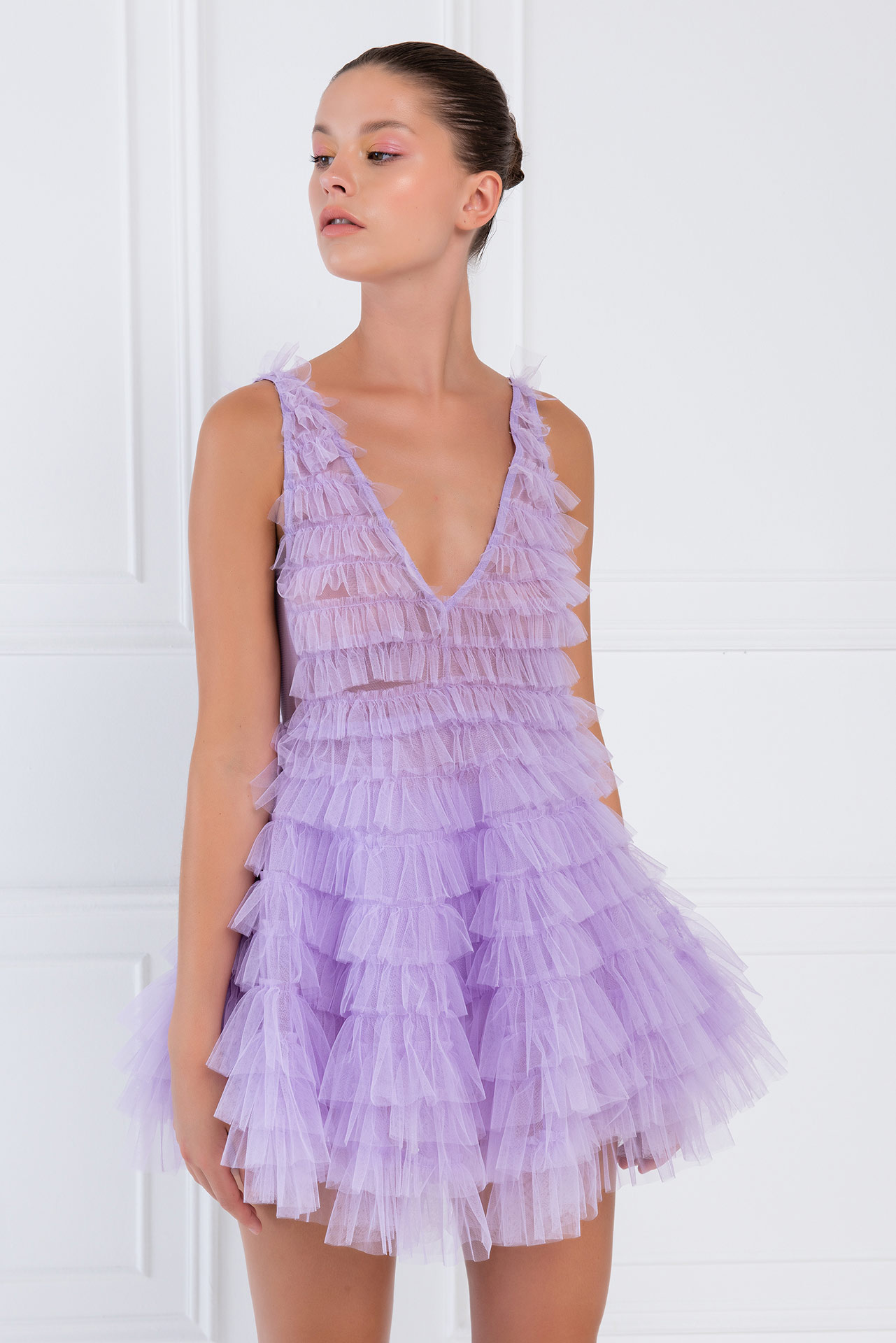 New Lilac Tiered Ruffle Plunging Tulle Mini Dress