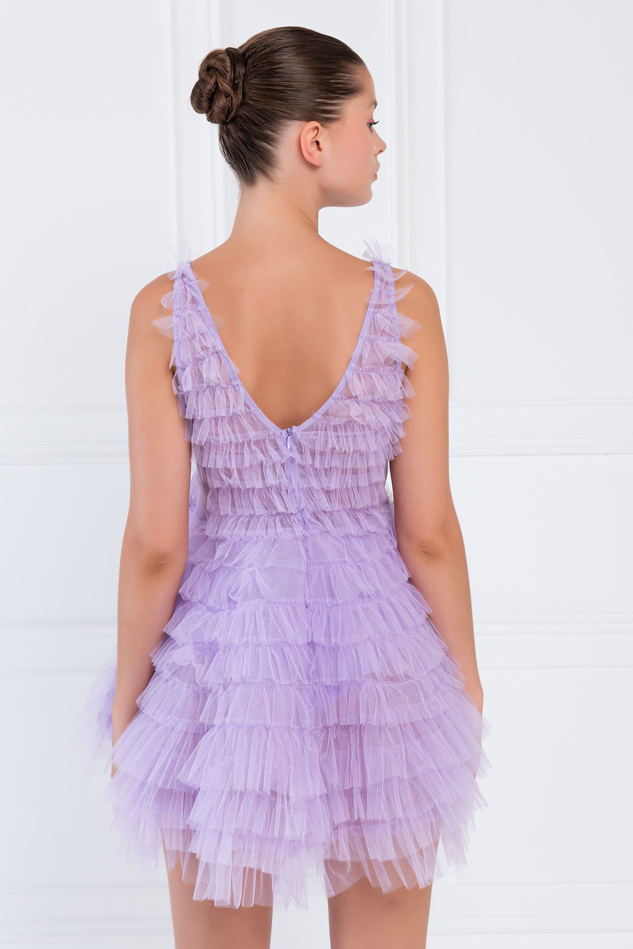 Wholesale New Lilac Tiered Ruffle Plunging Tulle Mini Dress