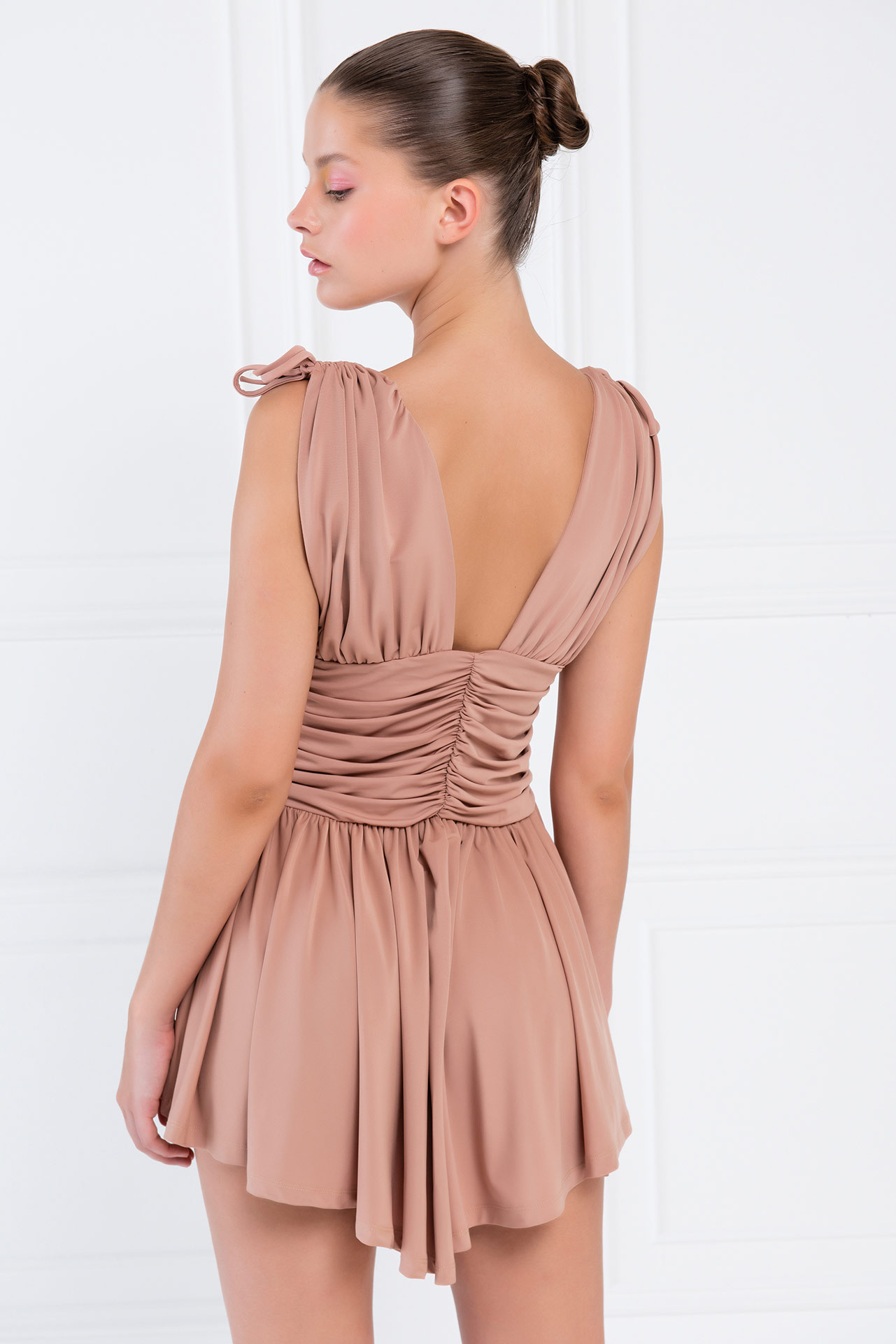 Wholesale Caramel Plunging Ruched Mini Dress