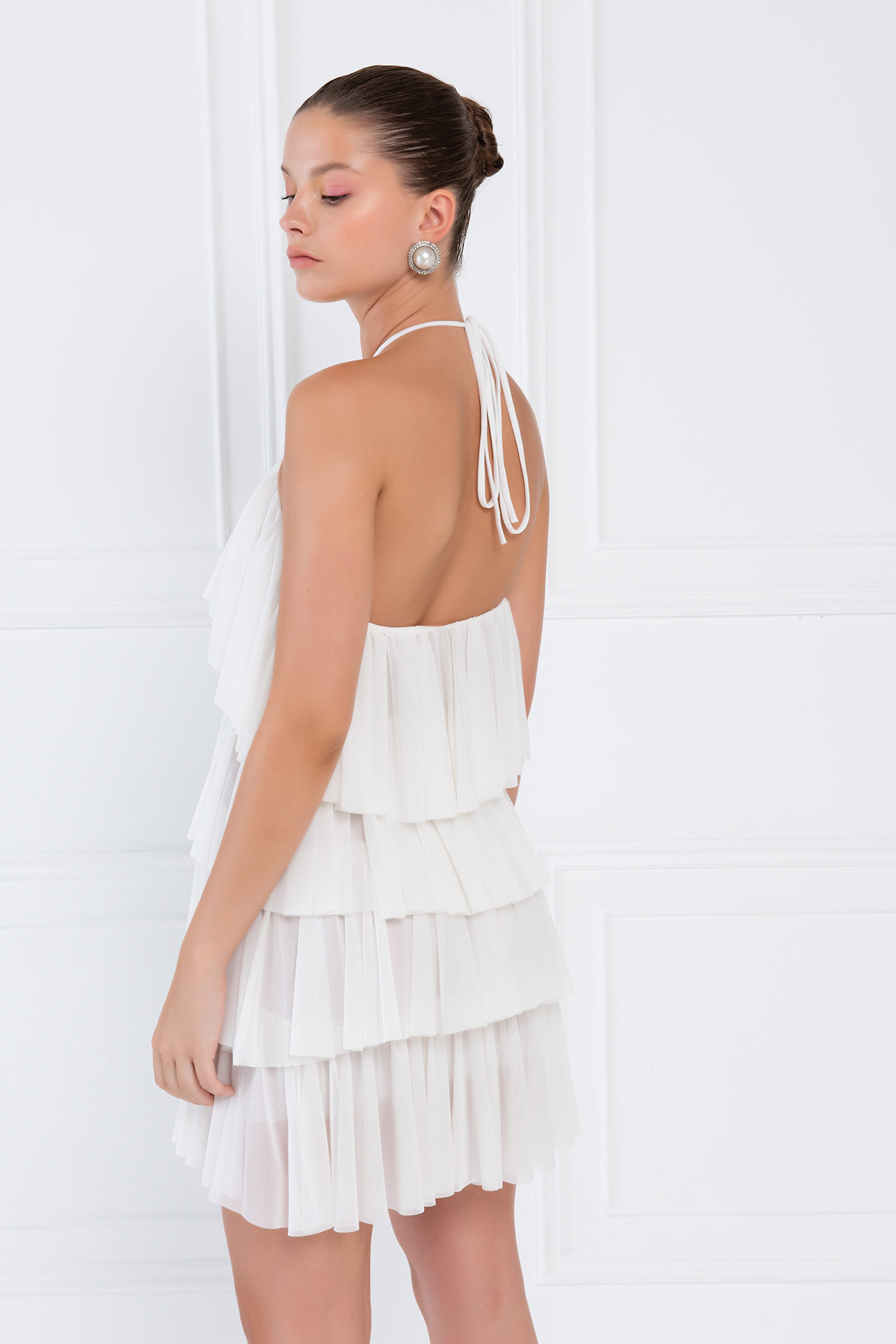 Wholesale Tiered-Ruffle Offwhite Mesh Dress