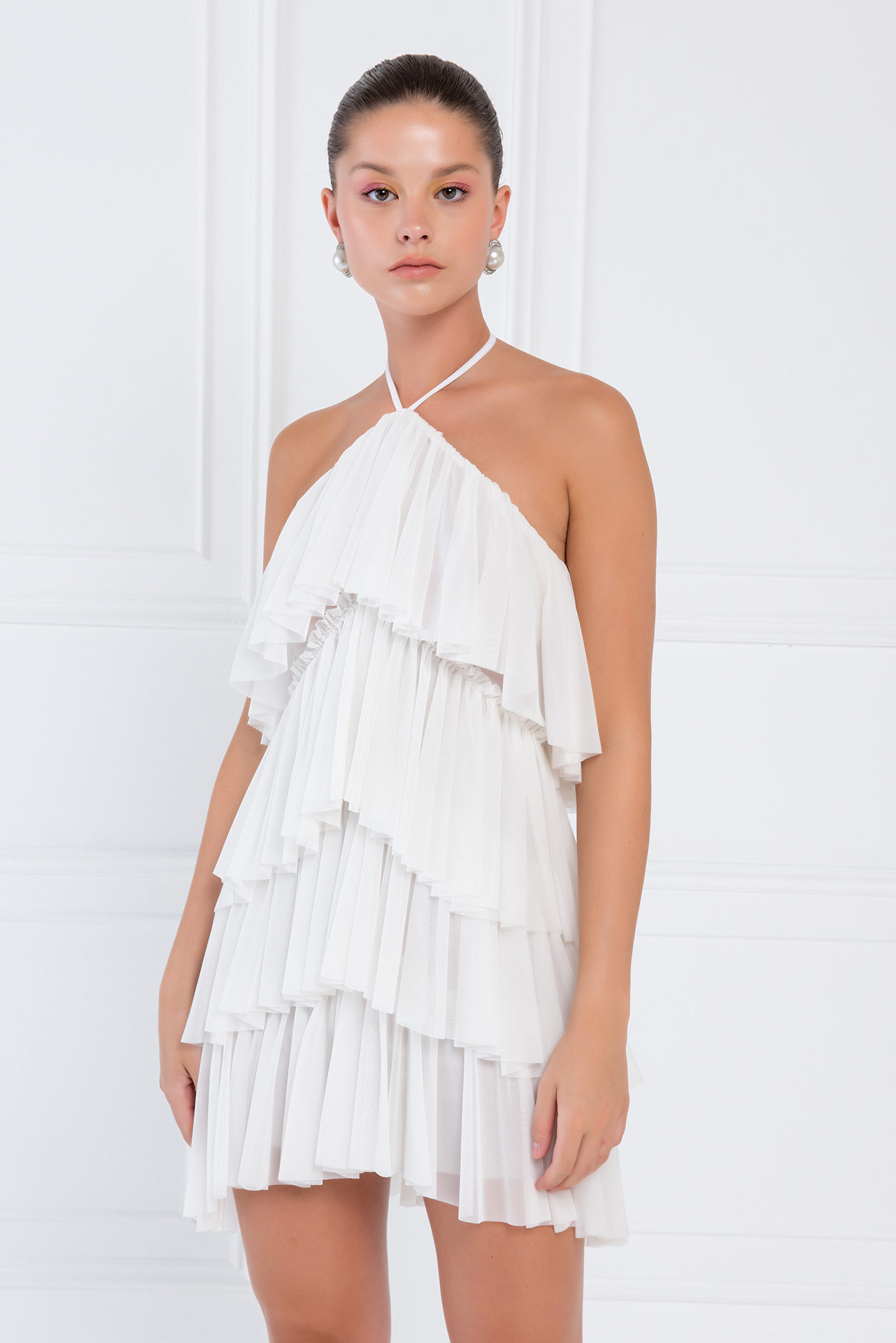 Wholesale Tiered-Ruffle Offwhite Mesh Dress