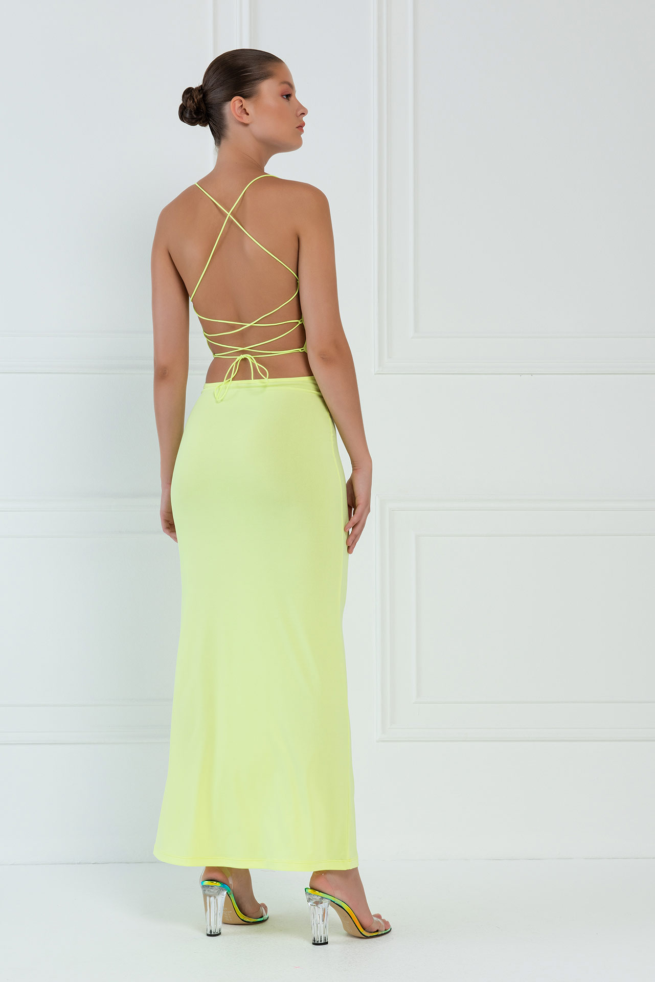 Toptan Neon Sarı Sırtı Çapraz Bağlamalı Maxi Elbise