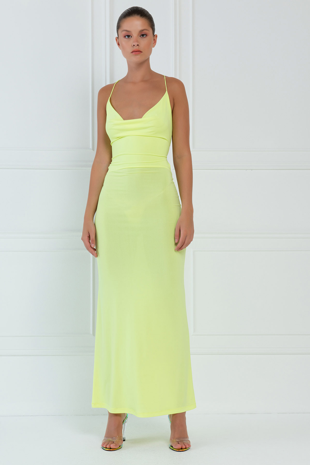 Neon Sarı Sırtı Çapraz Bağlamalı Maxi Elbise