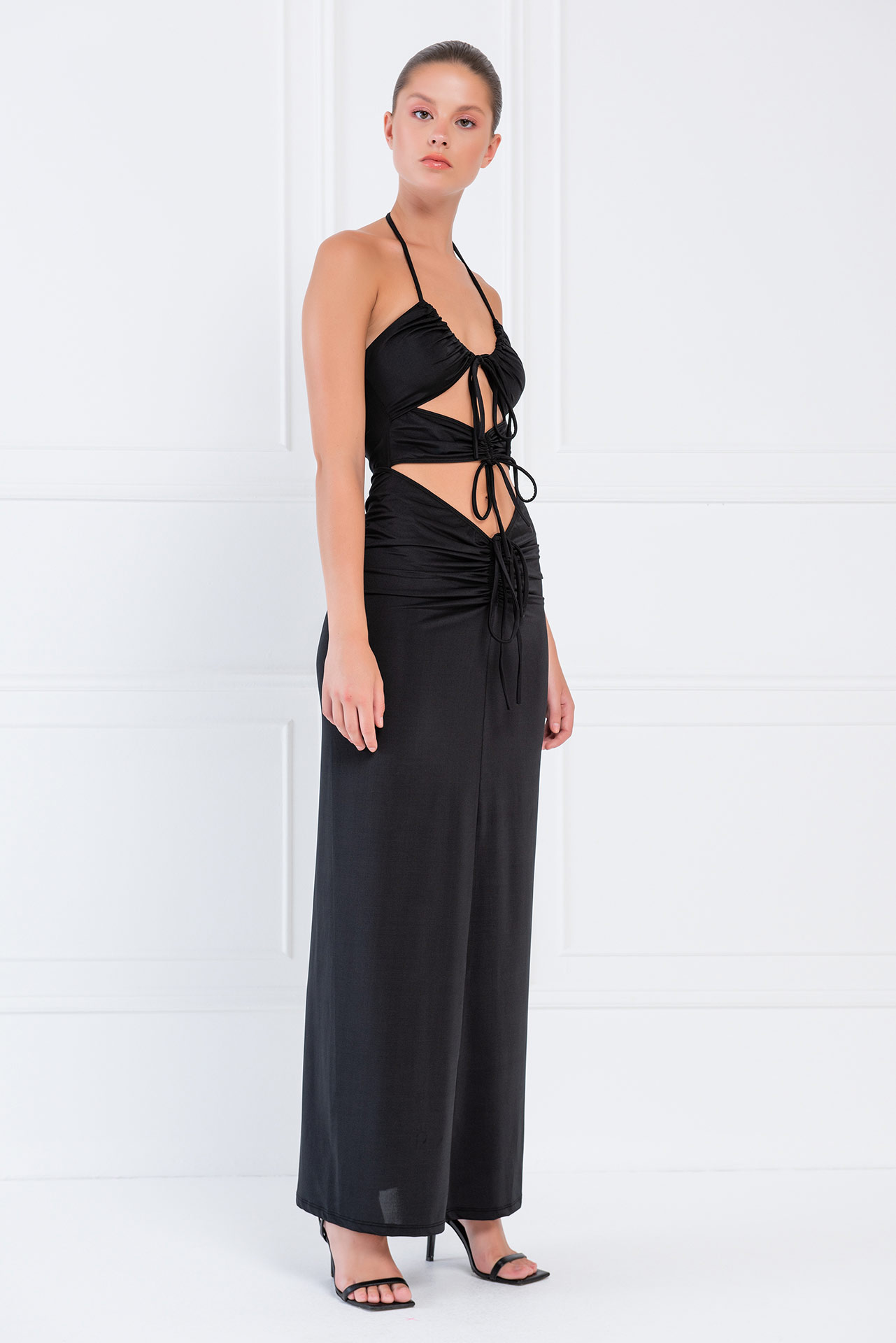 Wholesale Black Self-Tie Ruched Maxi Dress