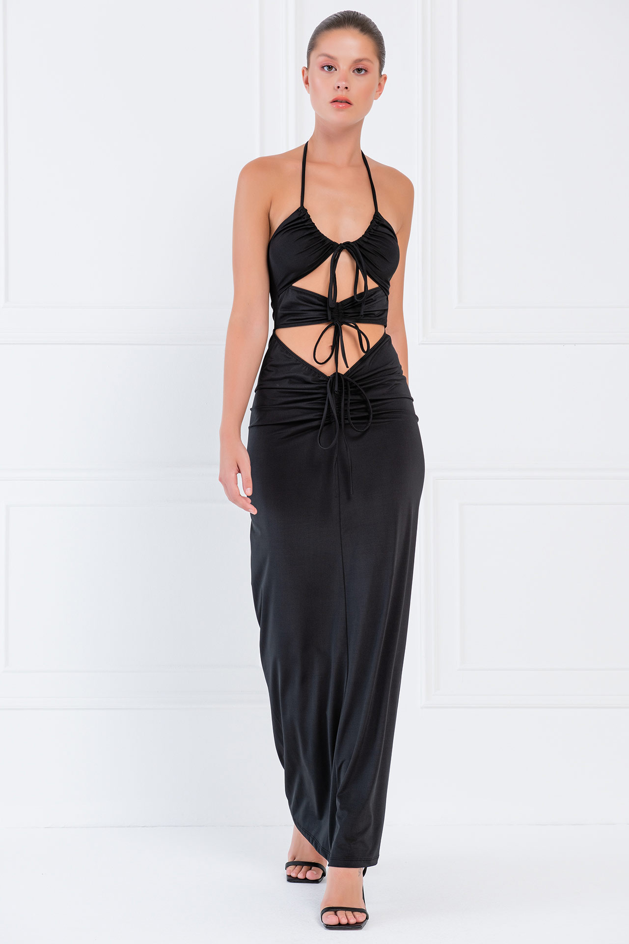 Toptan Siyah Bağlamalı Büzgülü Maxi Elbise