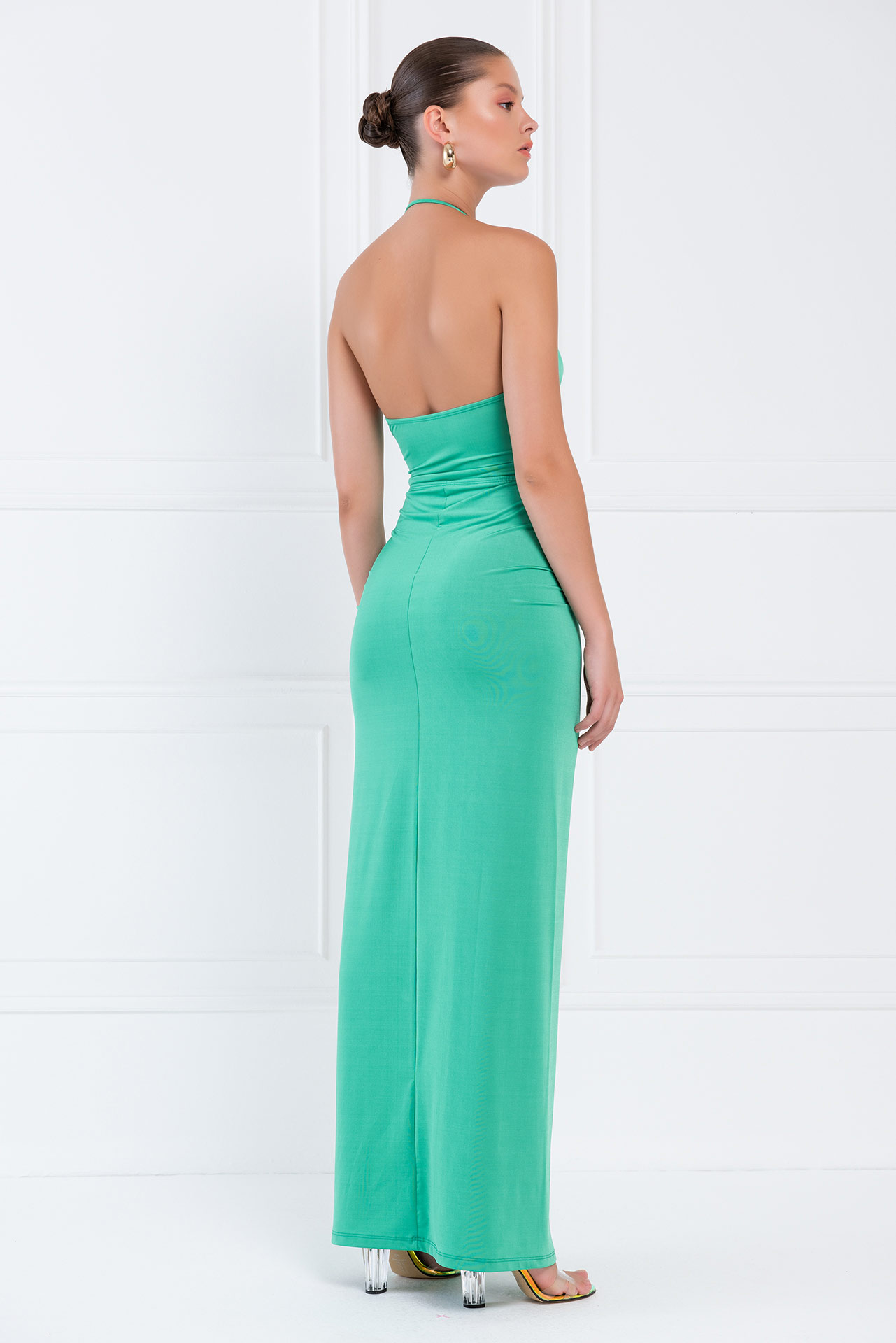 New Green Self-Tie Ruched Maxi Dress