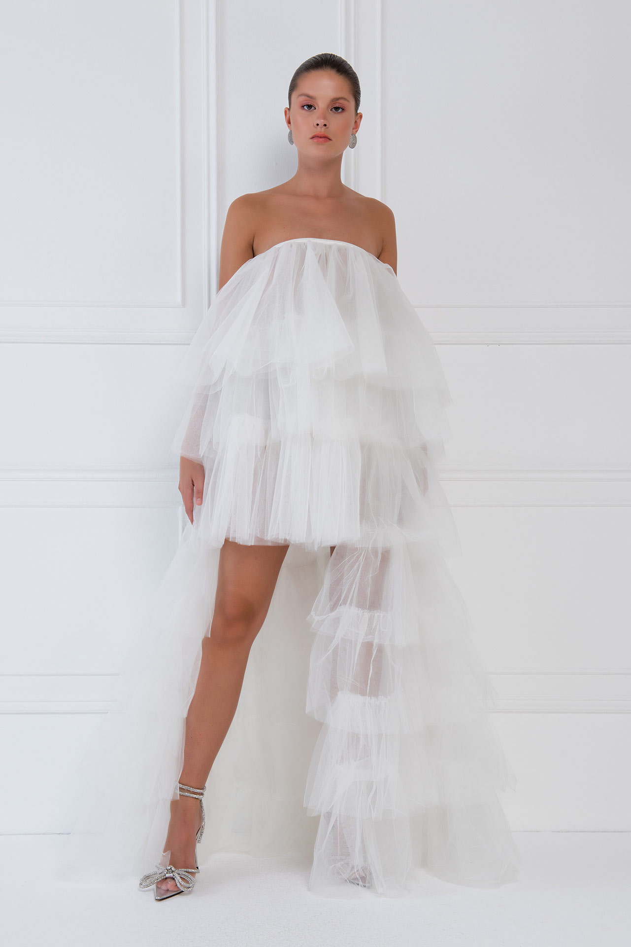 Wholesale Offwhite High-Low Ruffled Mesh Dress