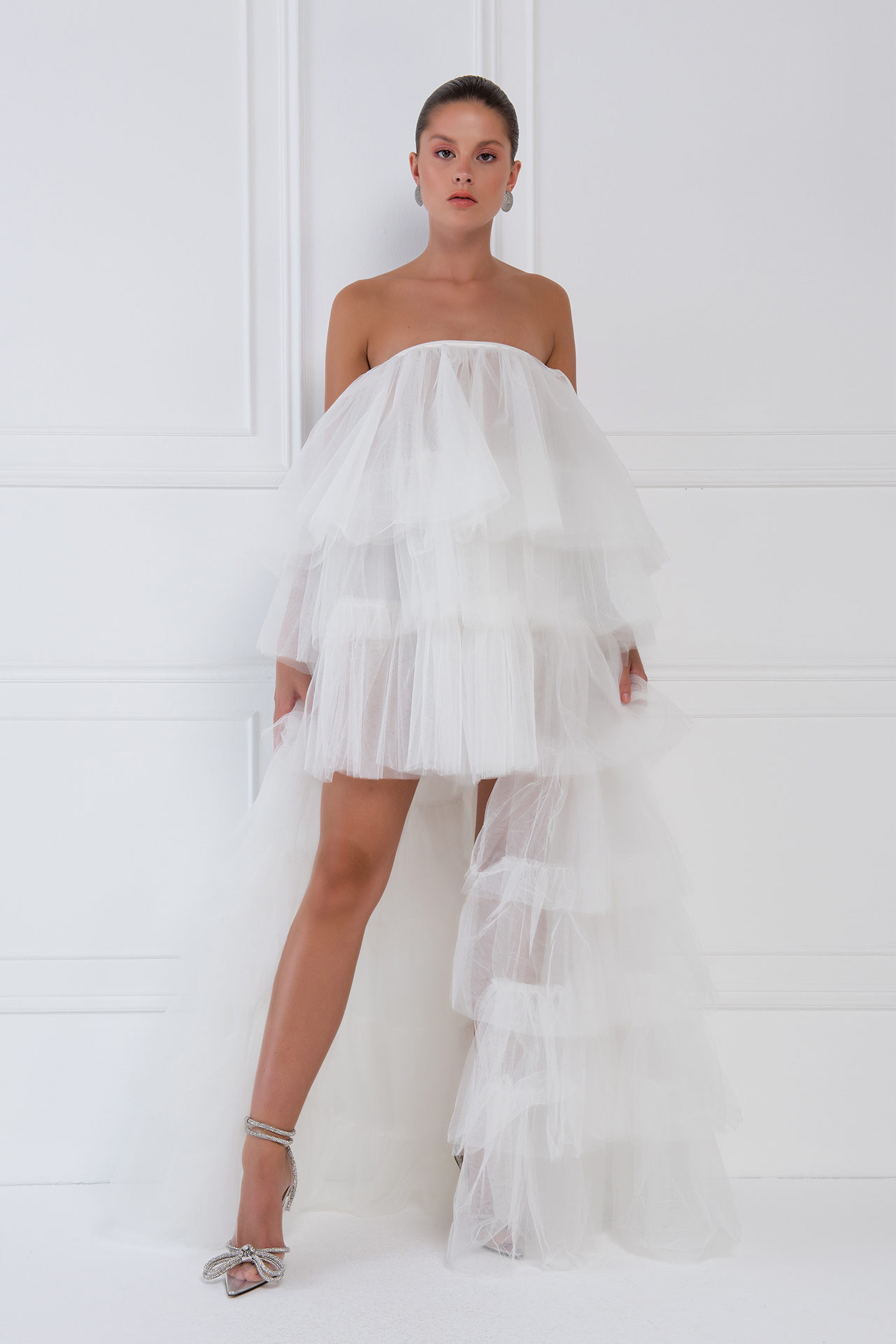 Wholesale Offwhite High-Low Ruffled Mesh Dress