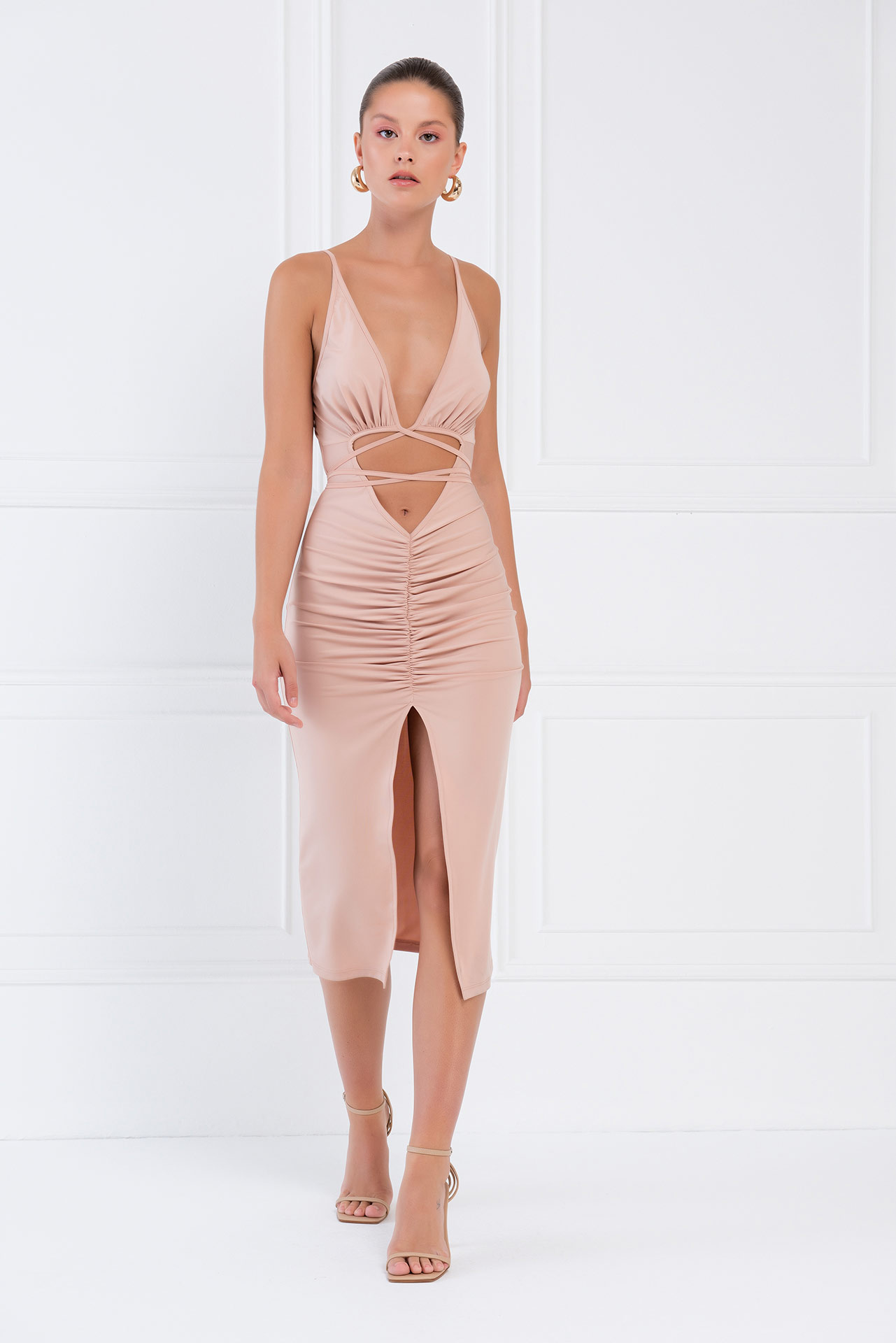 оптовая Nude Cut Out Front Midi Dress