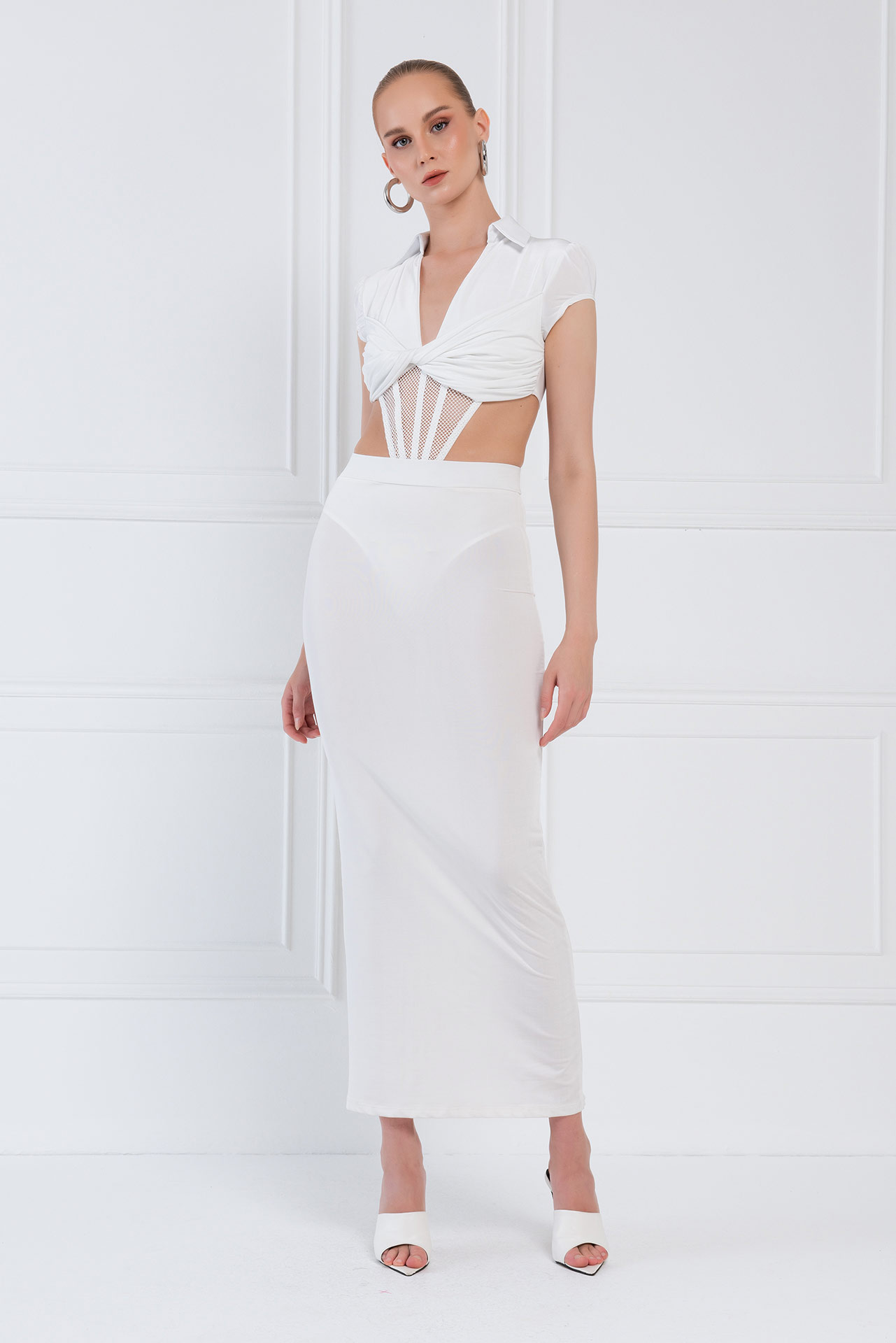 Wholesale Offwhite Mesh-Insert Cut Out Bodysuit