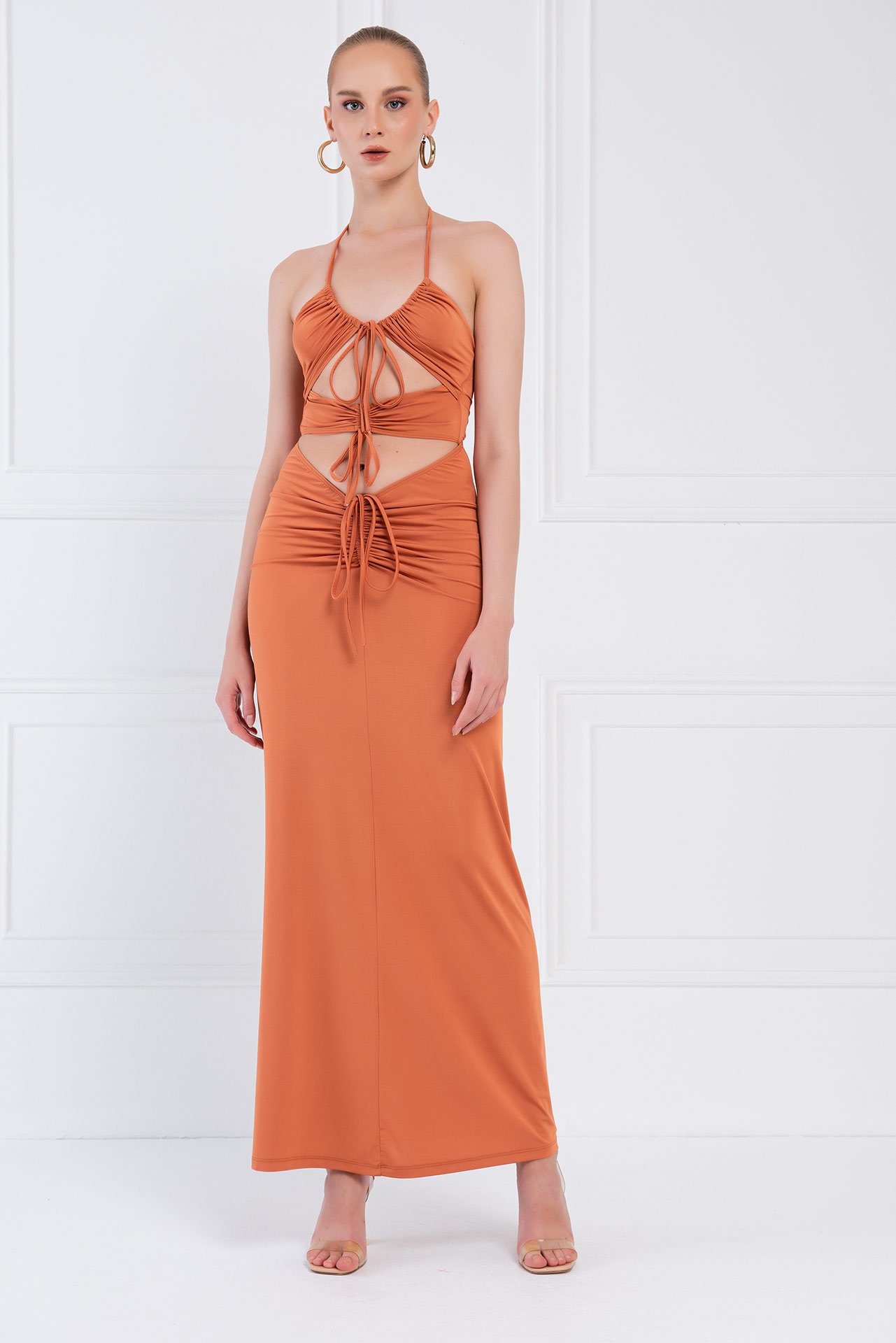 Wholesale Ochre Self-Tie Ruched Maxi Dress