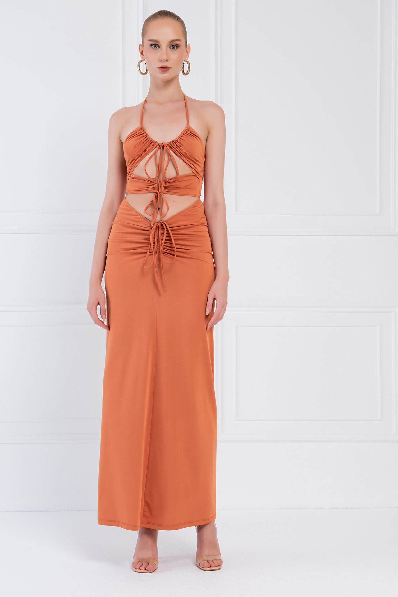 Wholesale Ochre Self-Tie Ruched Maxi Dress