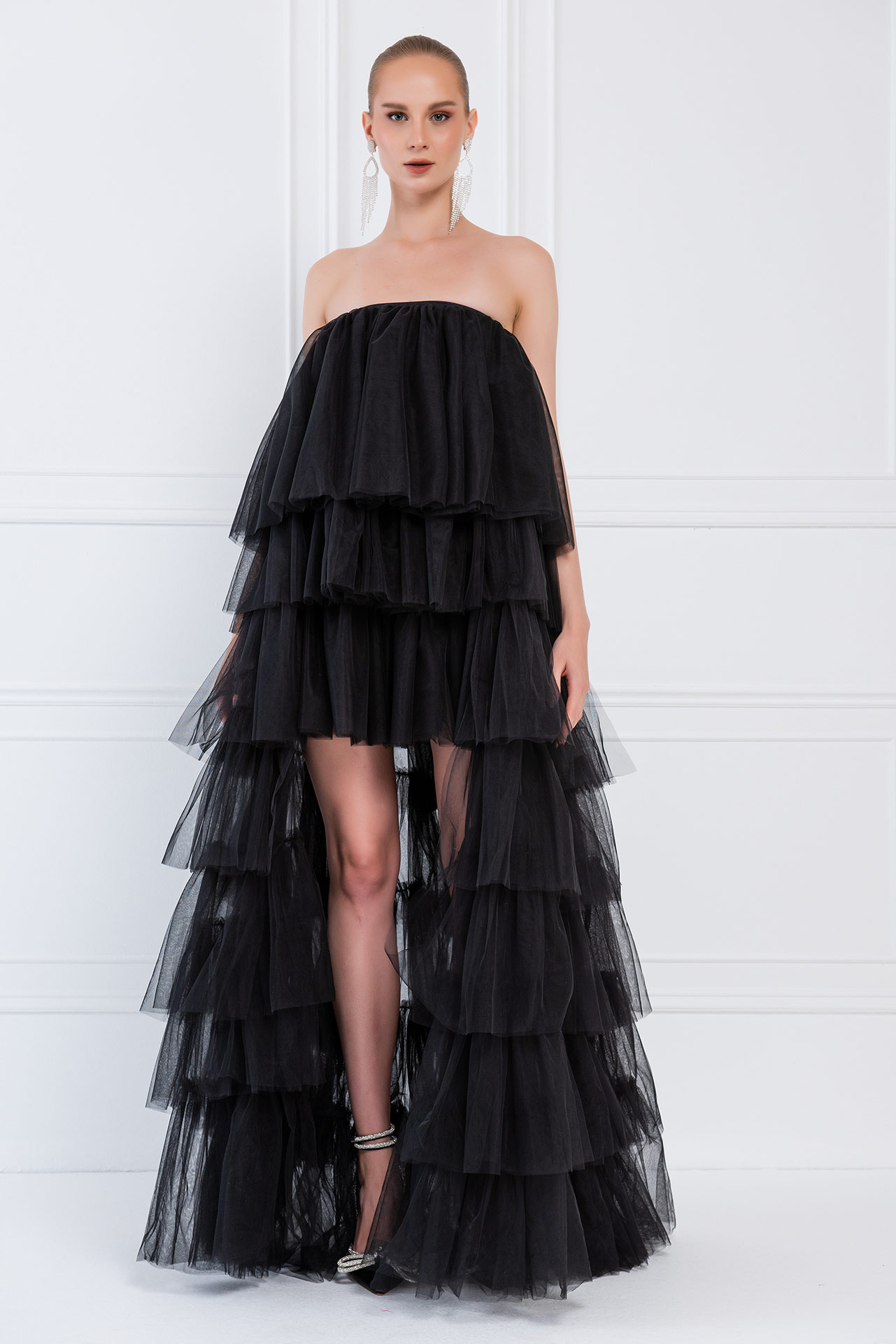 Black High-Low Ruffled Mesh Dress