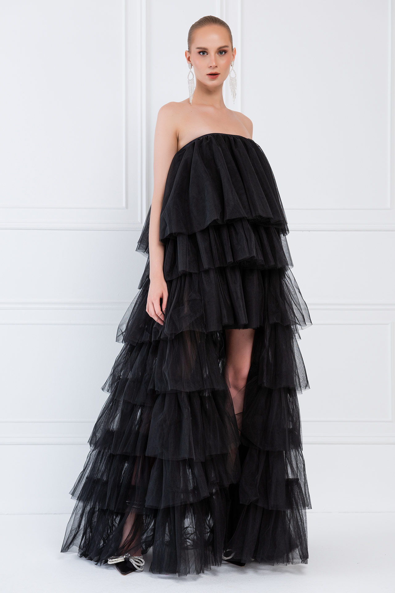 Wholesale Black High-Low Ruffled Mesh Dress