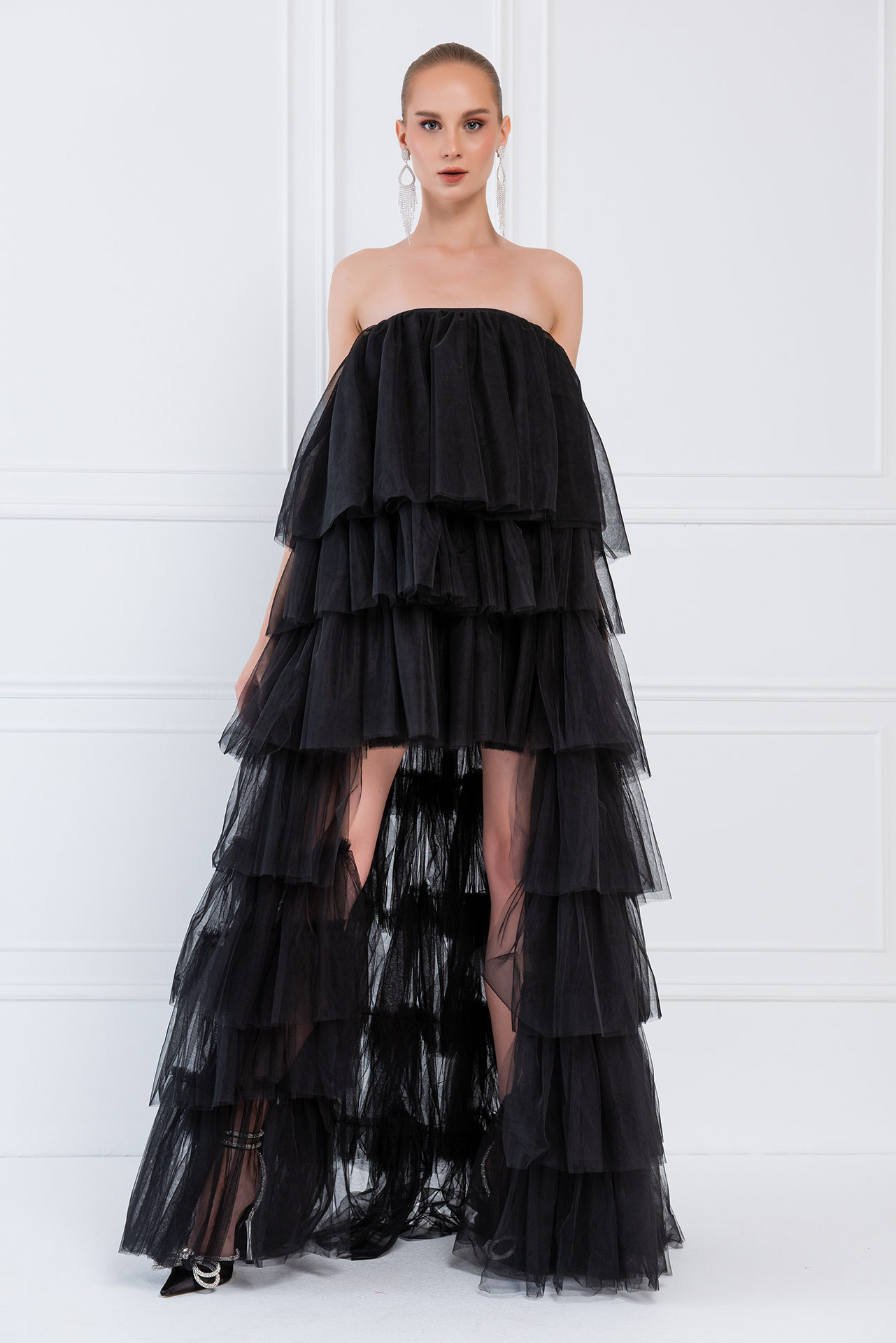 Wholesale Black High-Low Ruffled Mesh Dress