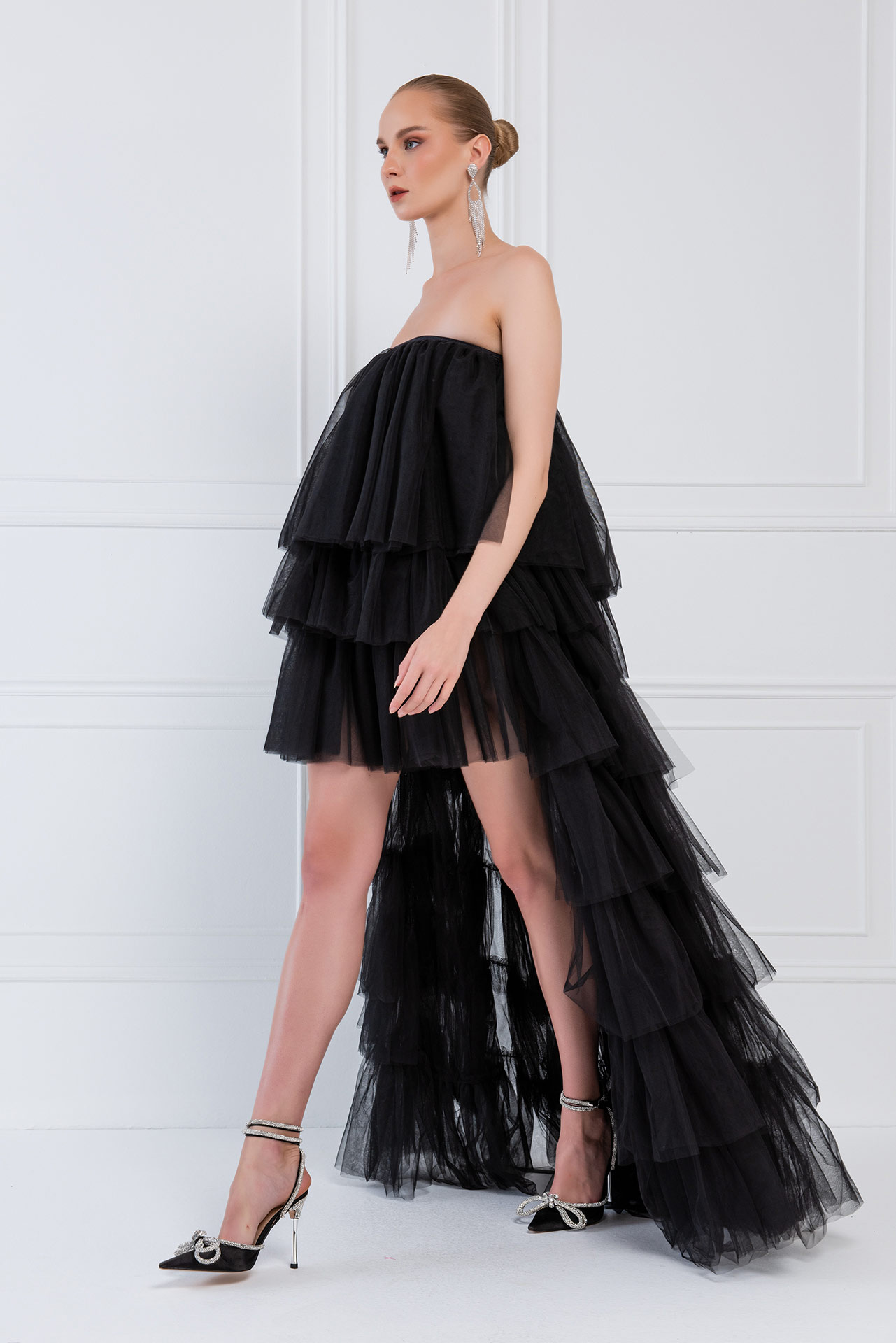 Black High-Low Ruffled Mesh Dress
