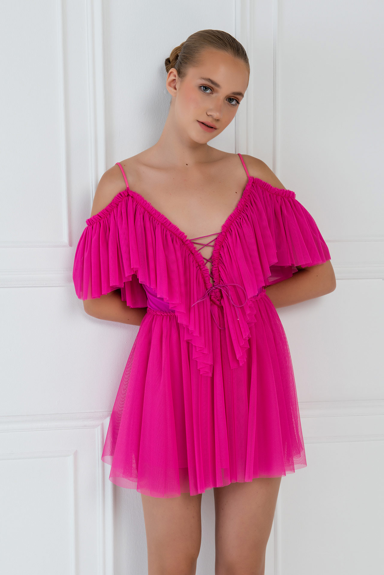Wholesale New Fuschia Off-the-Shoulder Cami Tulle Dress