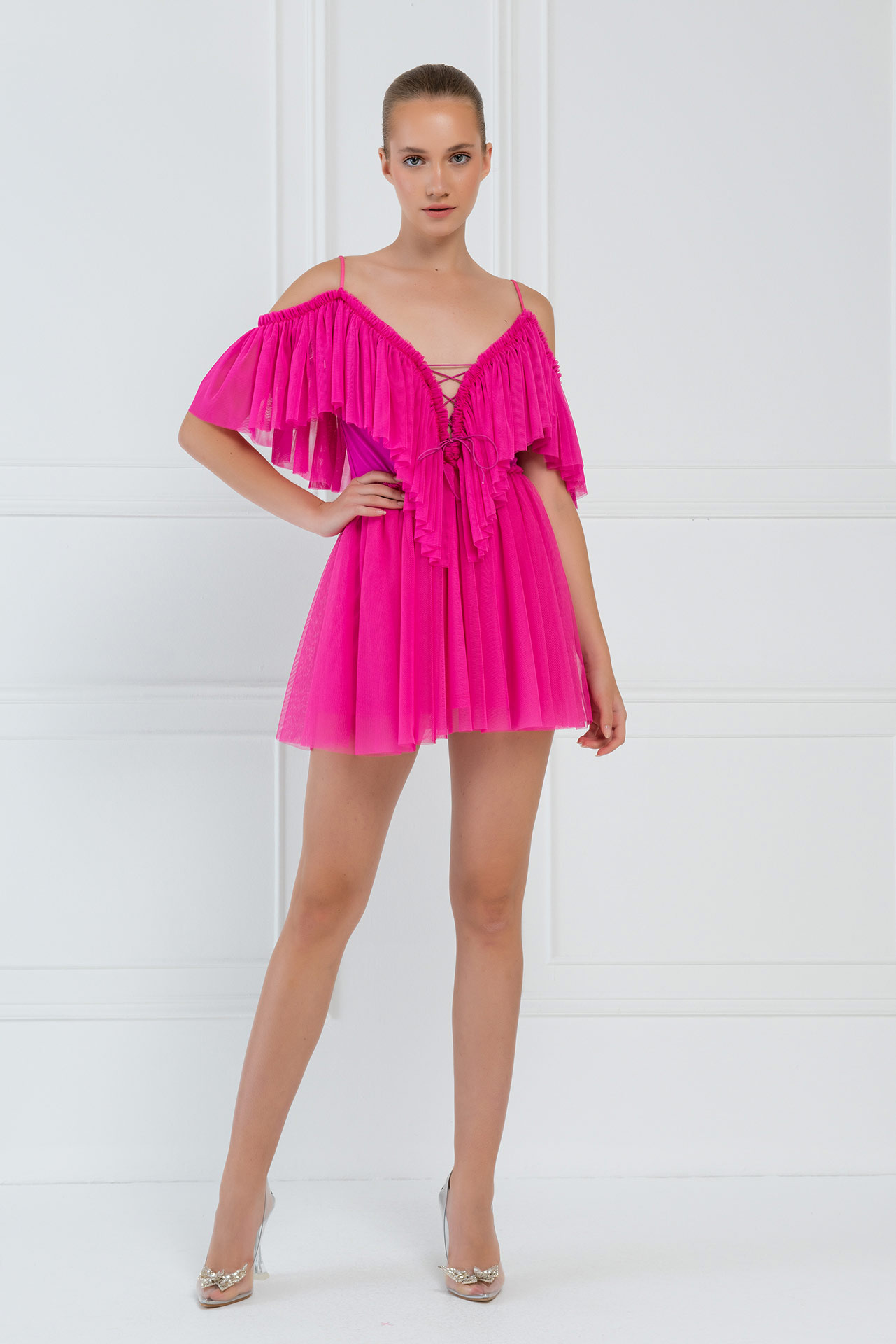 Wholesale New Fuschia Off-the-Shoulder Cami Tulle Dress