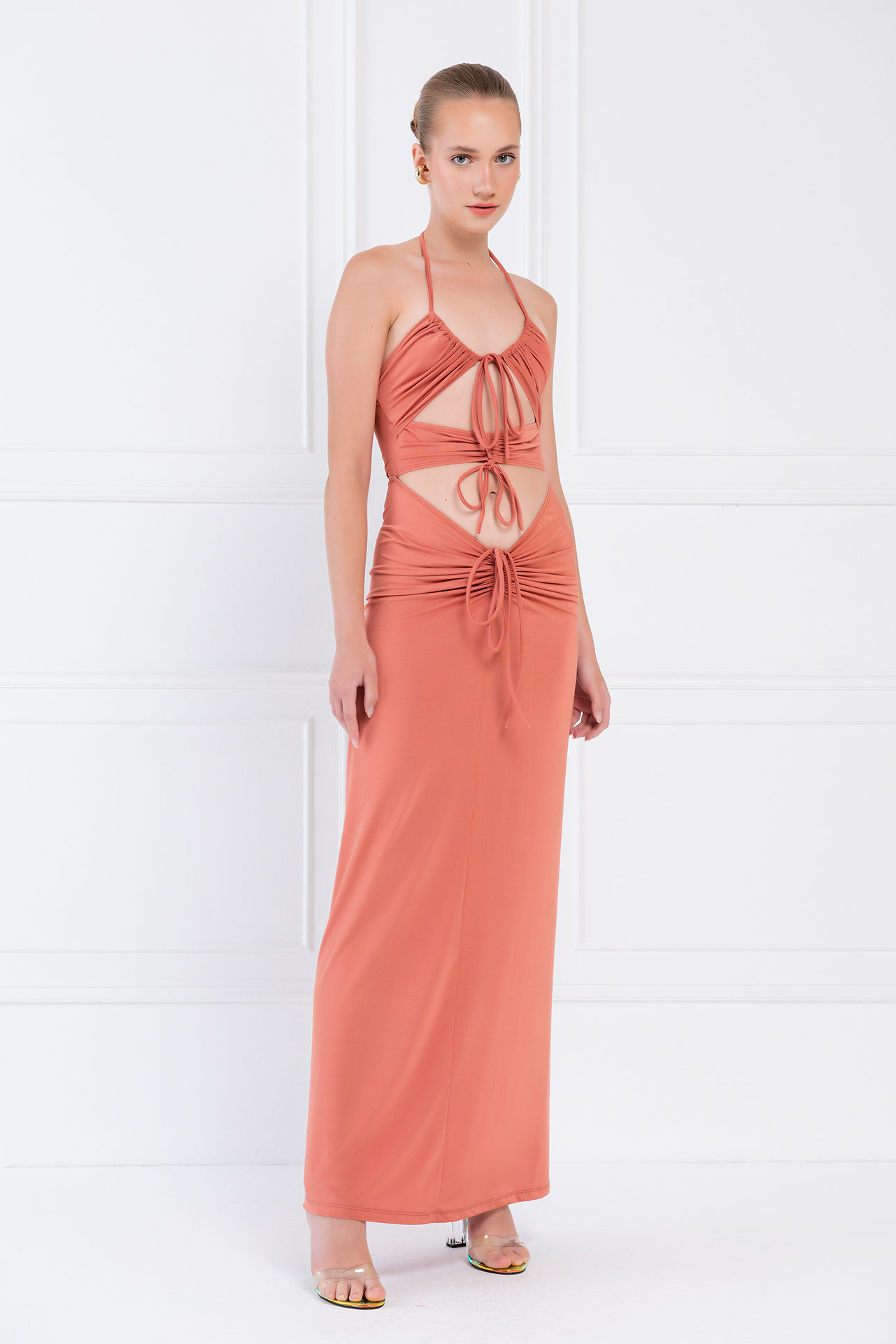 Clay Self-Tie Ruched Maxi Dress