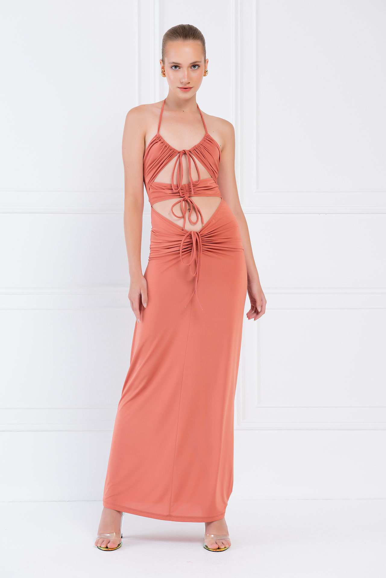 Clay Self-Tie Ruched Maxi Dress