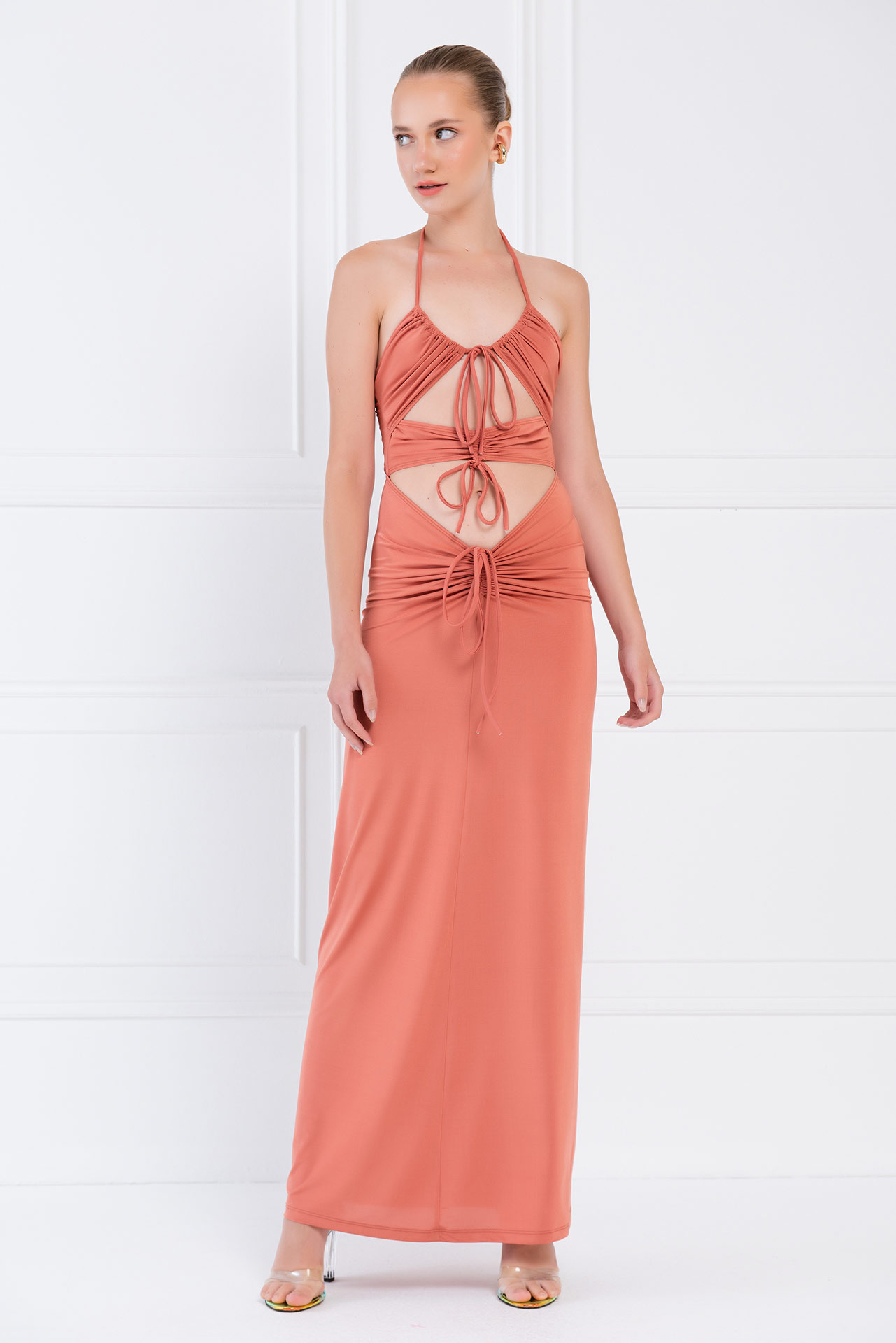 Wholesale Clay Self-Tie Ruched Maxi Dress