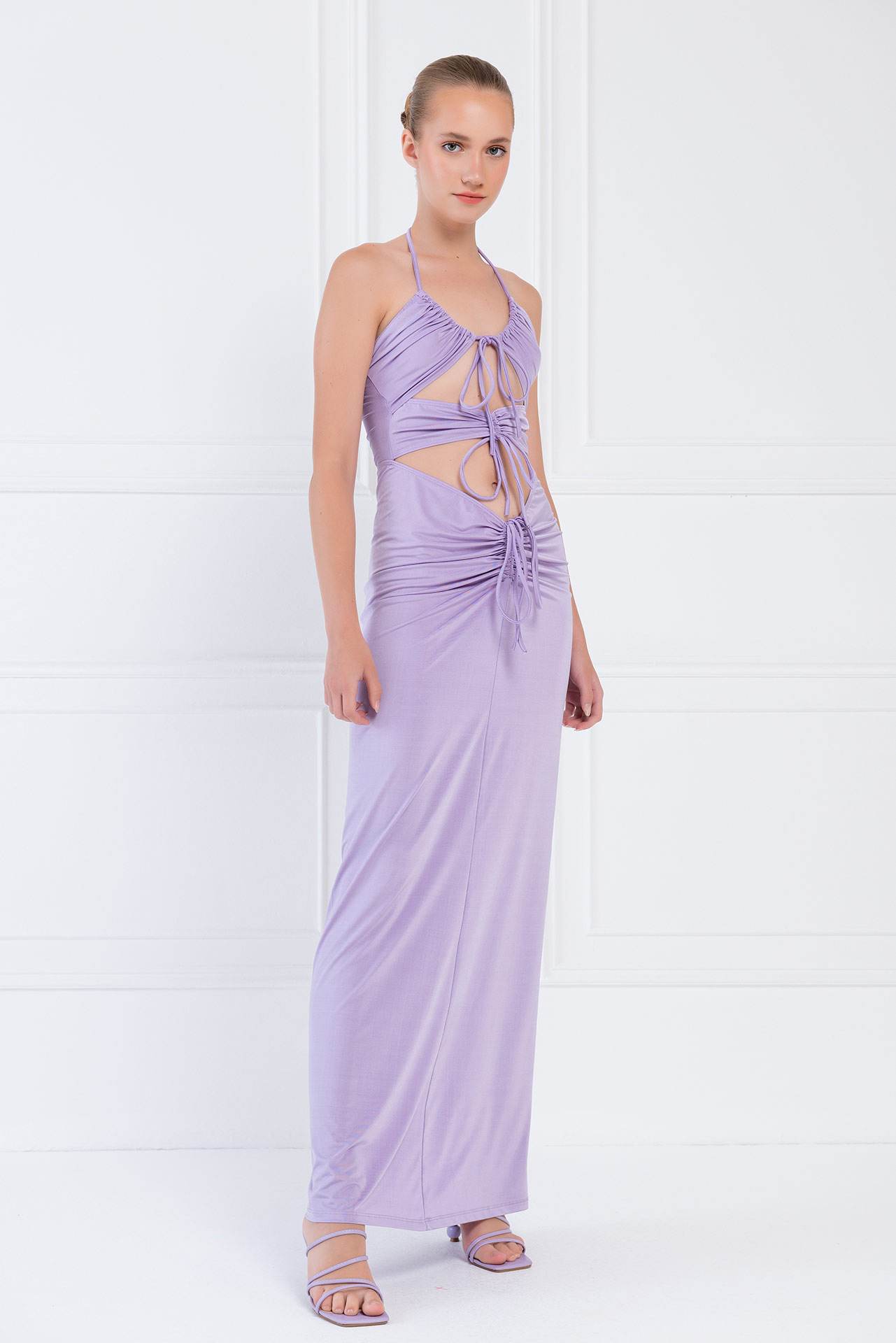 New Lilac Self-Tie Ruched Maxi Dress