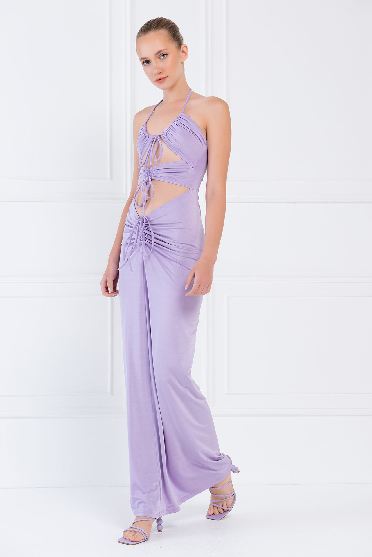 Wholesale New Lilac Self-Tie Ruched Maxi Dress