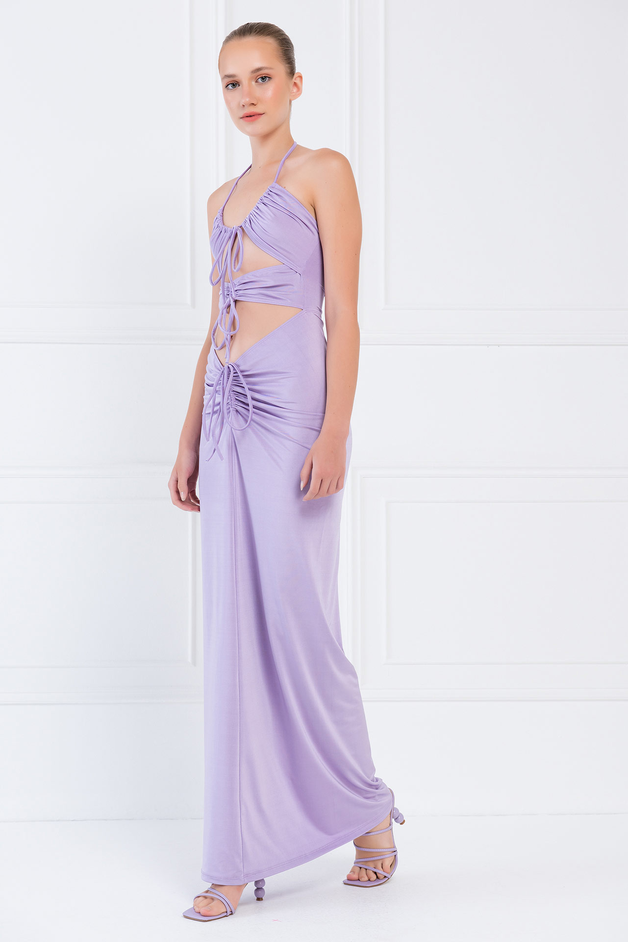 Wholesale New Lilac Self-Tie Ruched Maxi Dress