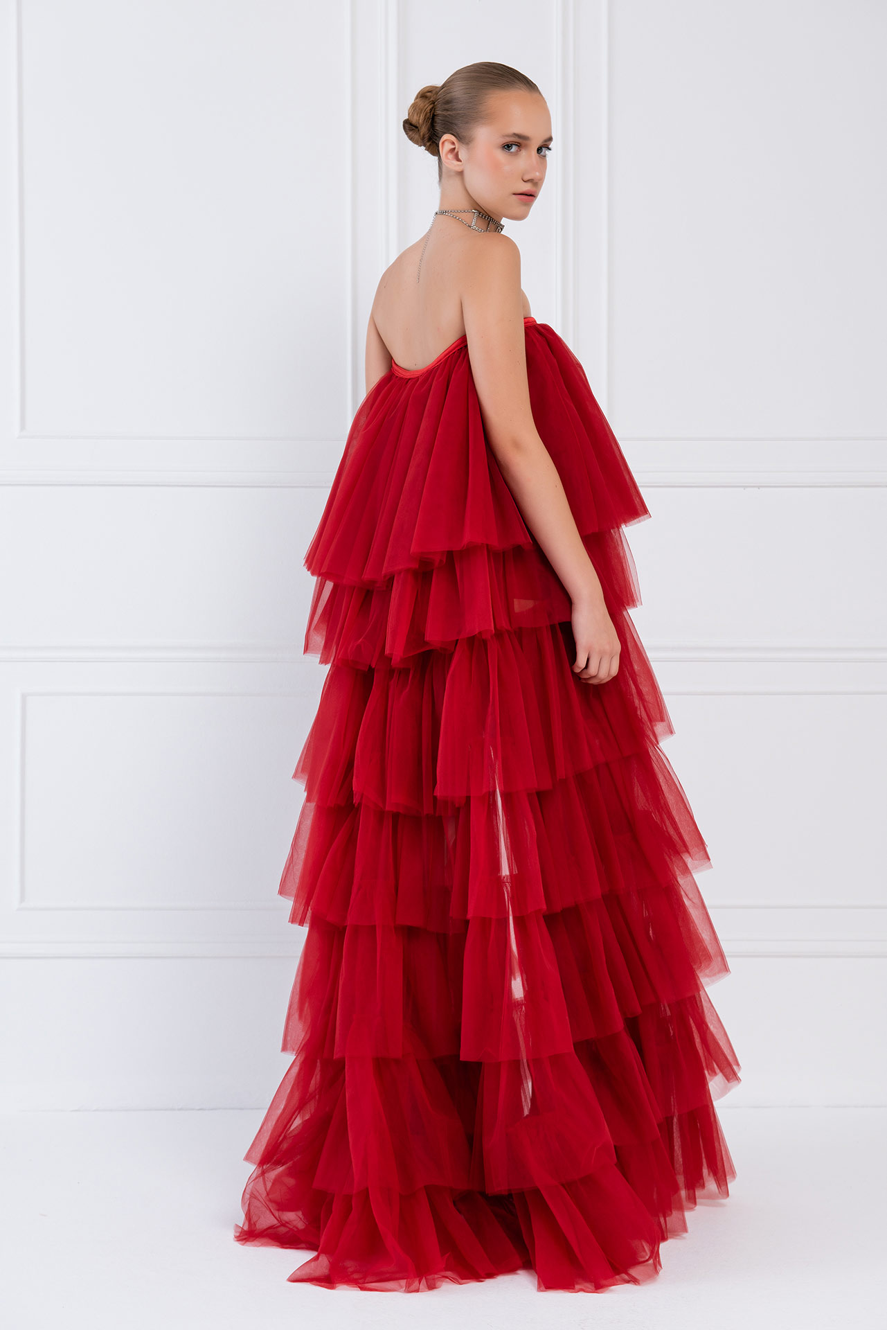 Wholesale Red High-Low Ruffled Mesh Dress