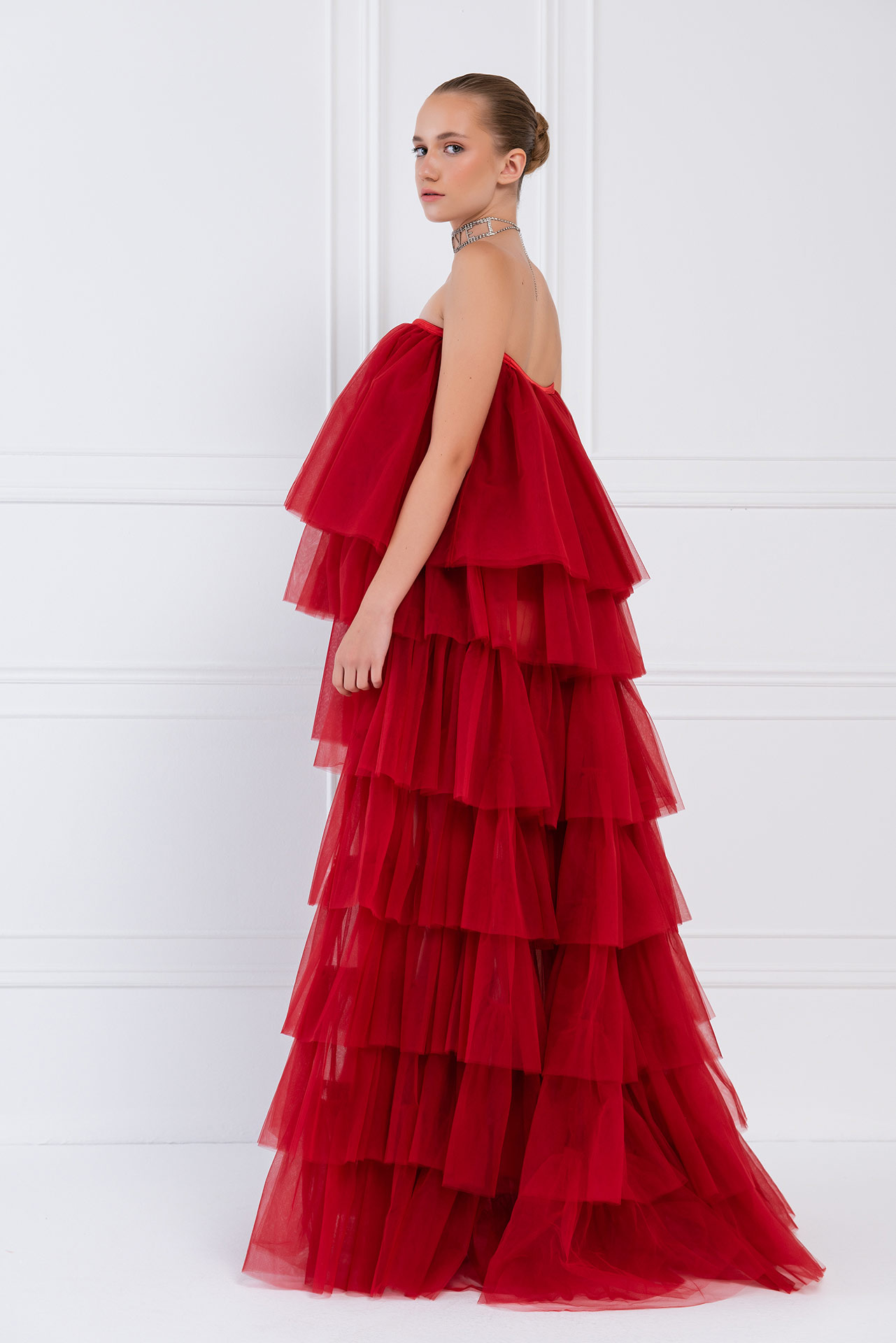 Red High-Low Ruffled Mesh Dress