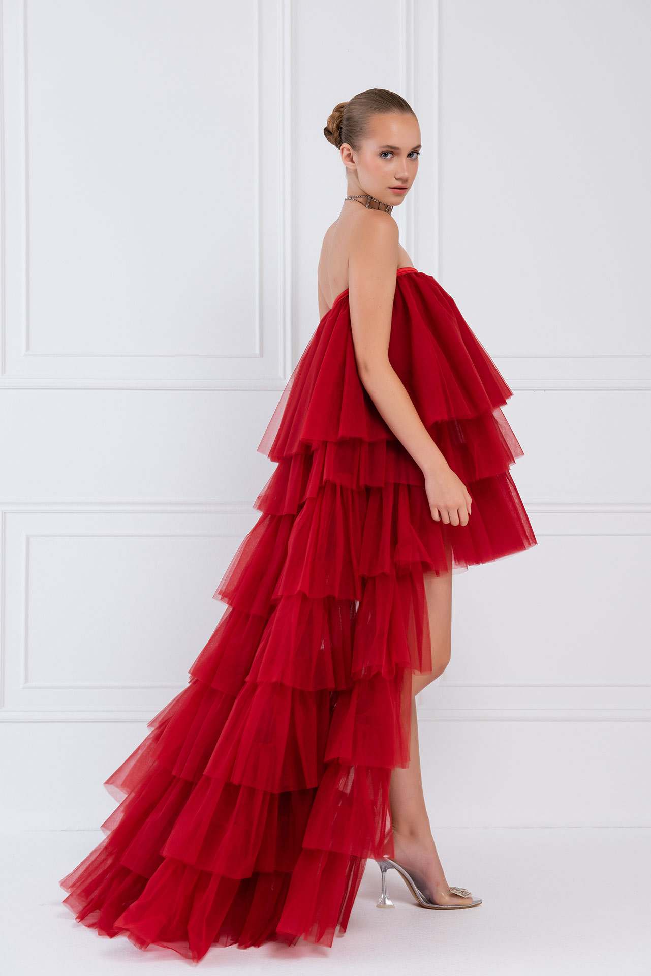Red High-Low Ruffled Mesh Dress