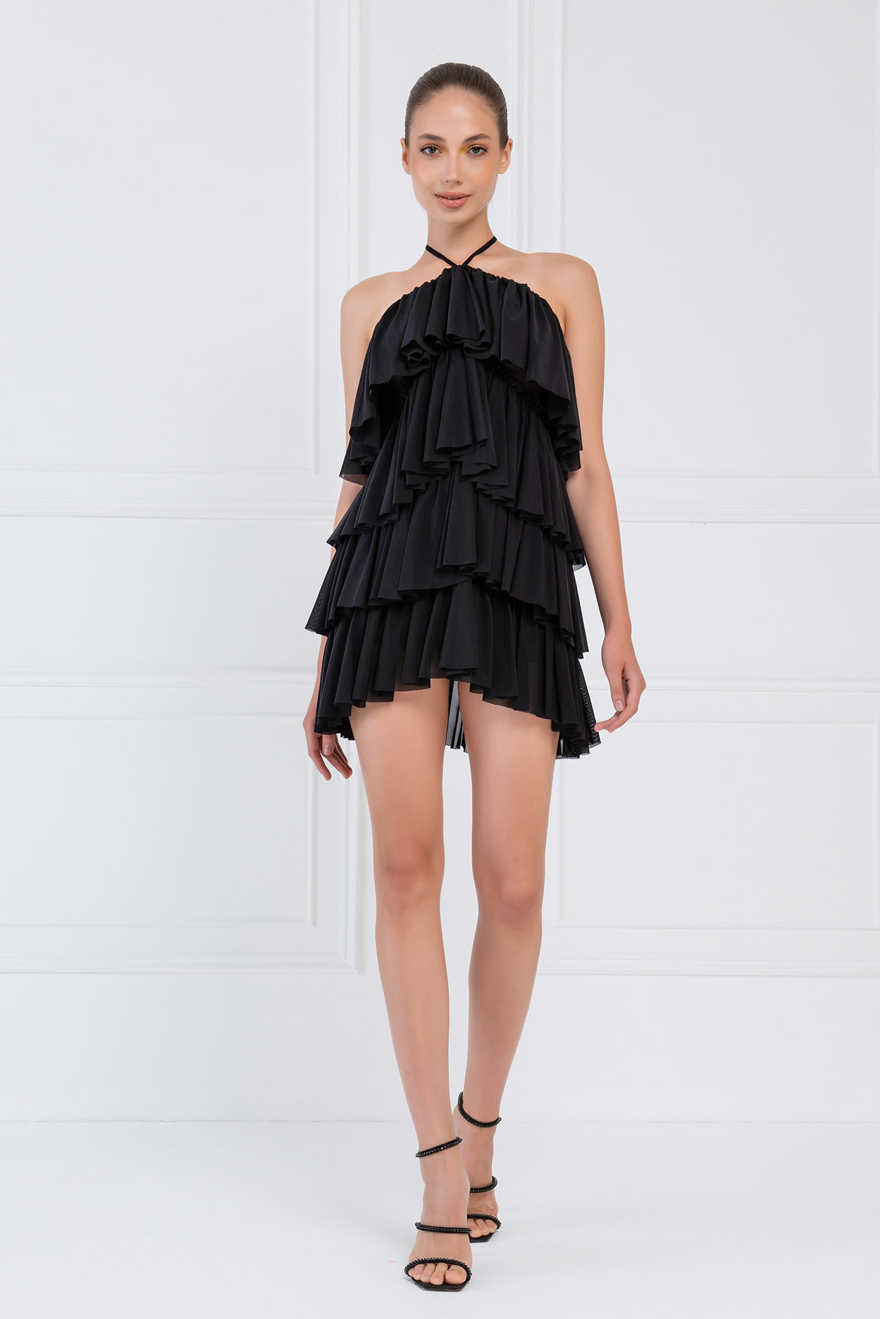 Wholesale Tiered-Ruffle Black Mesh Dress