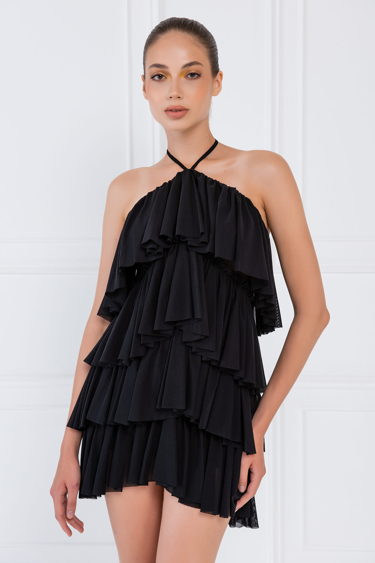 Wholesale Tiered-Ruffle Black Mesh Dress