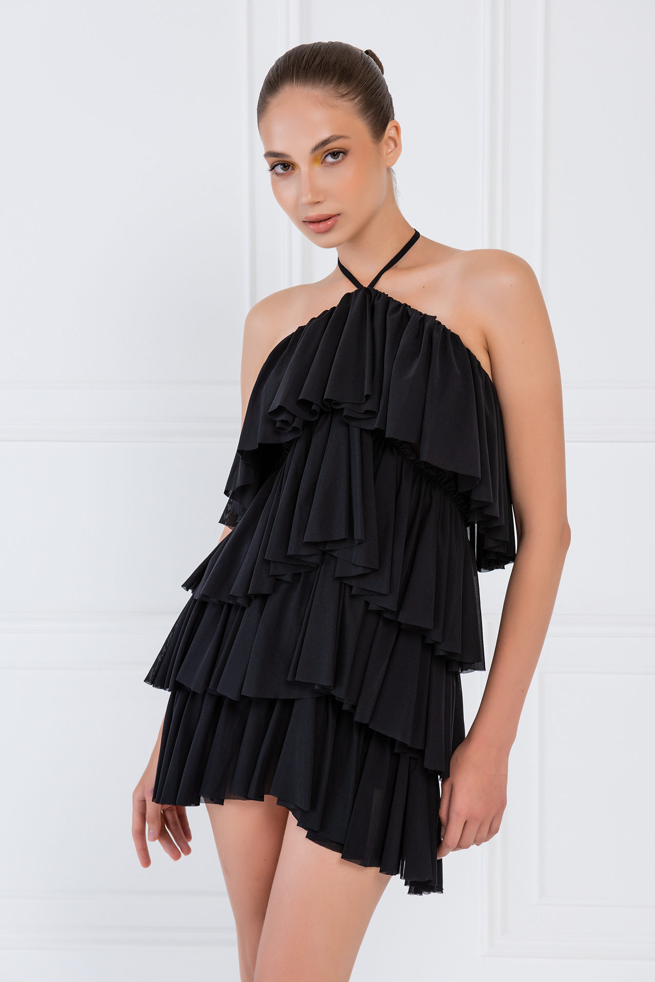 Tiered-Ruffle Black Mesh Dress