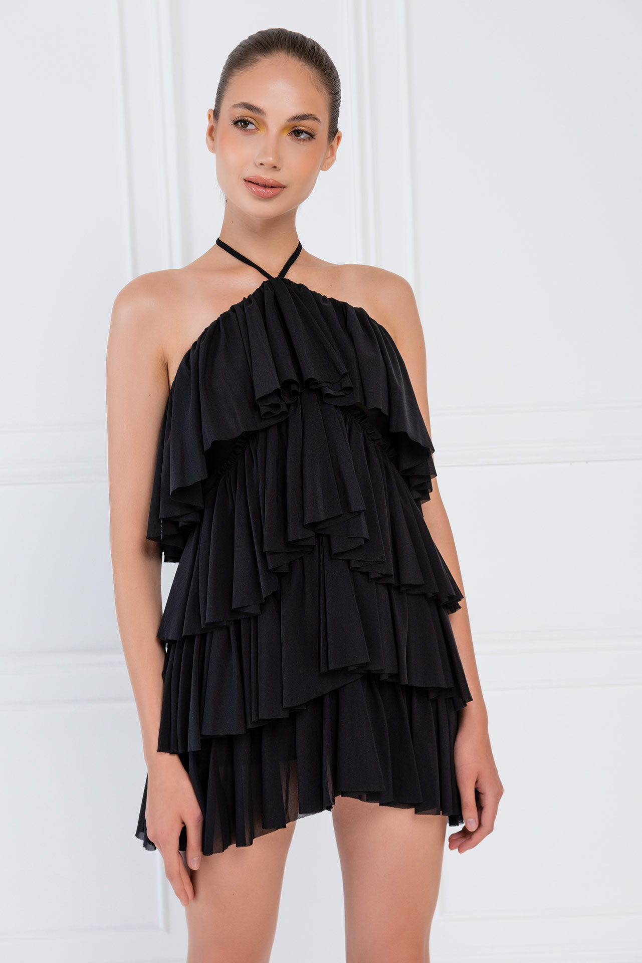 Tiered-Ruffle Black Mesh Dress
