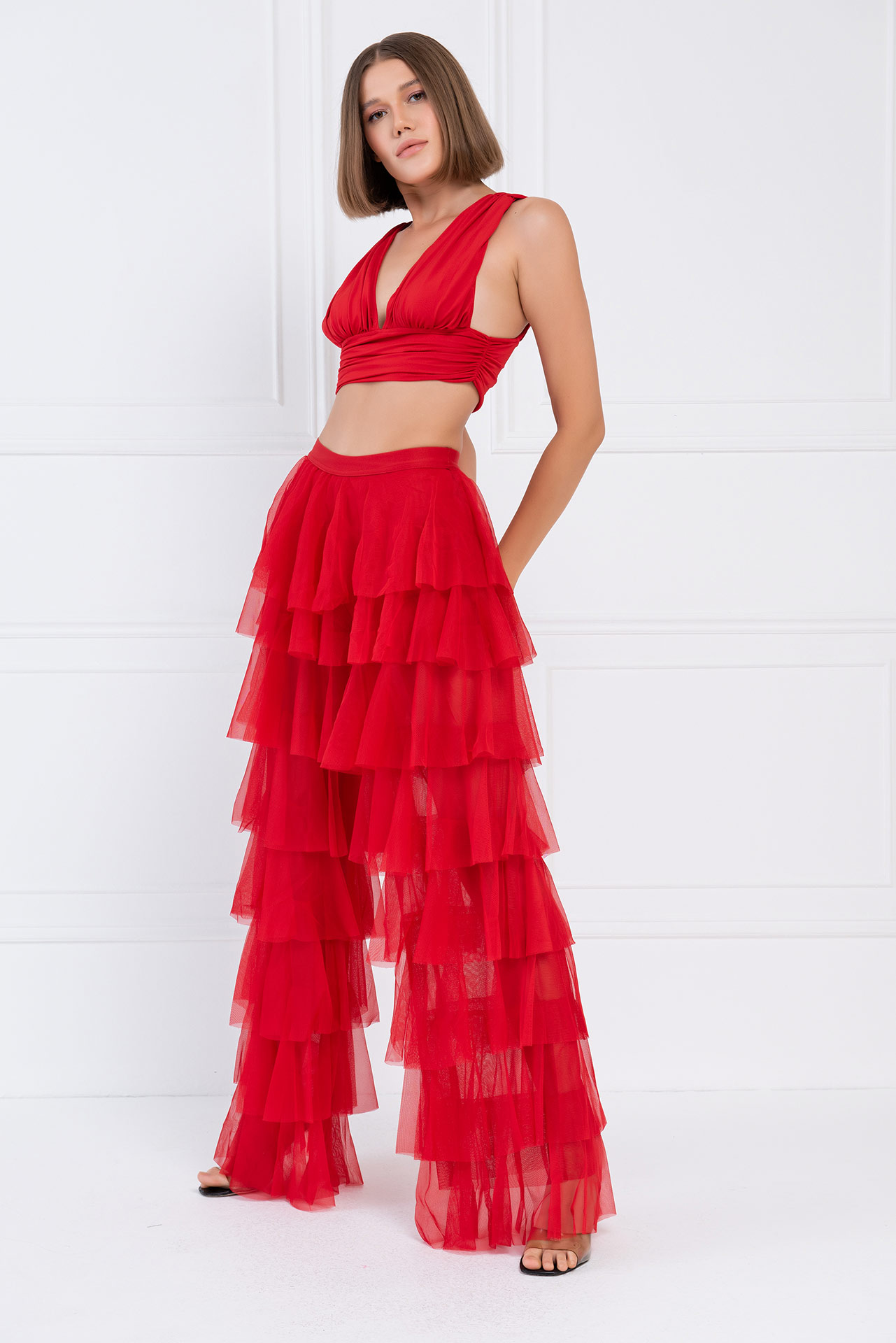 Wholesale Tiered Tulle Pants in Red