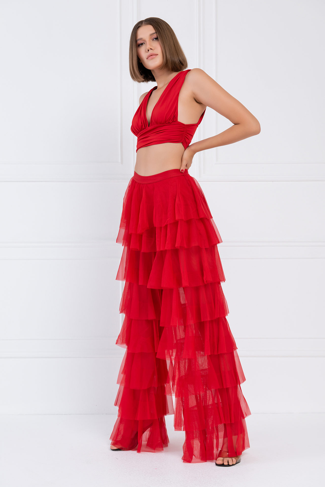 Tiered Tulle Pants in Red