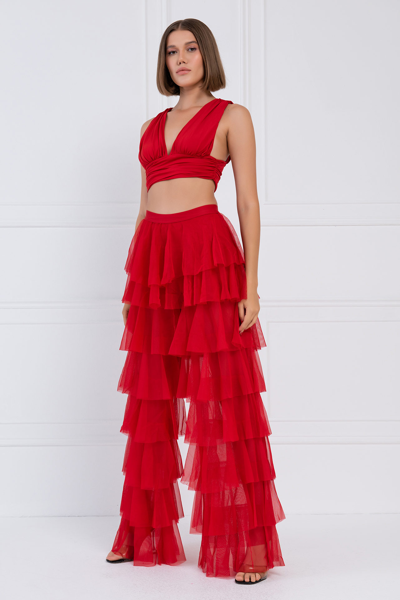 Tiered Tulle Pants in Red