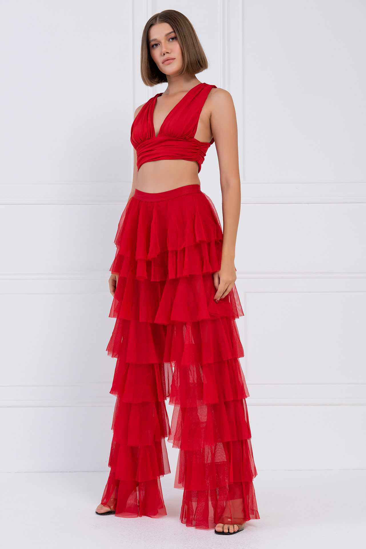 Tiered Tulle Pants in Red