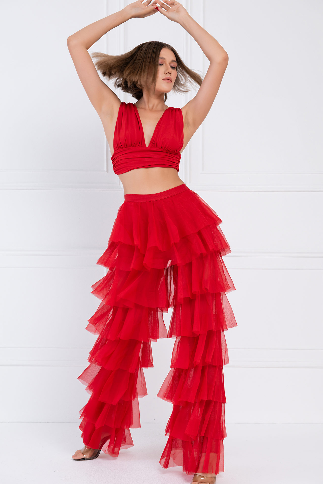 Tiered Tulle Pants in Red