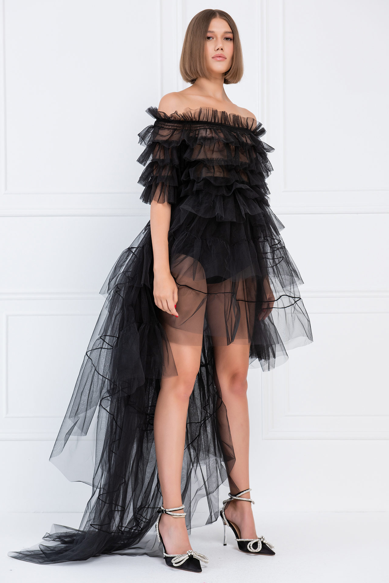 Wholesale Tulle Off The Shoulder Black Ruffle Mini Dress