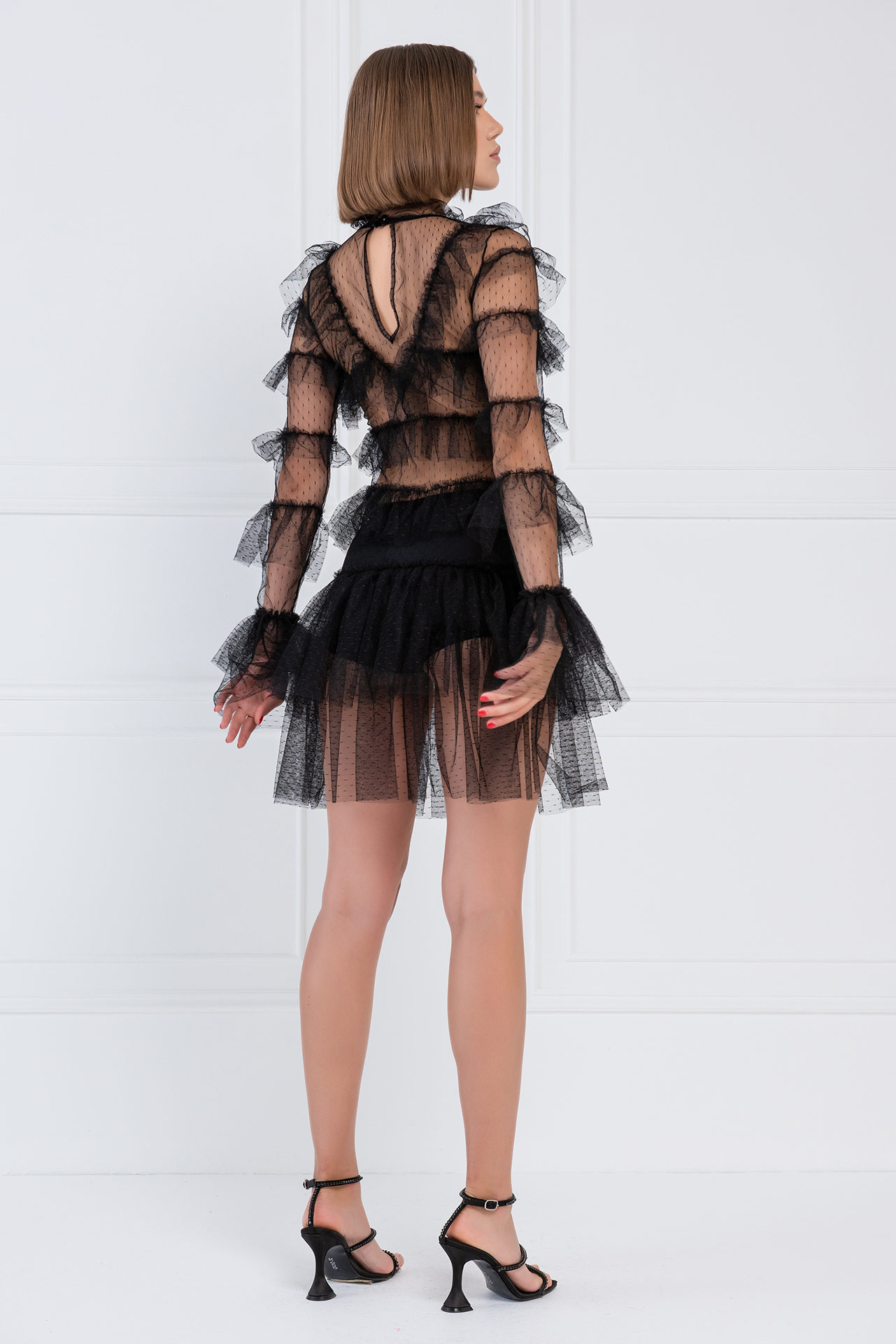 Ruffle-Trim Sheer Black Mesh Mini Dress