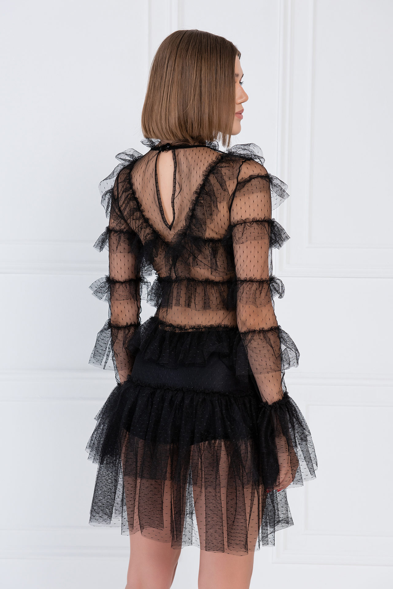 Wholesale Ruffle-Trim Sheer Black Mesh Mini Dress