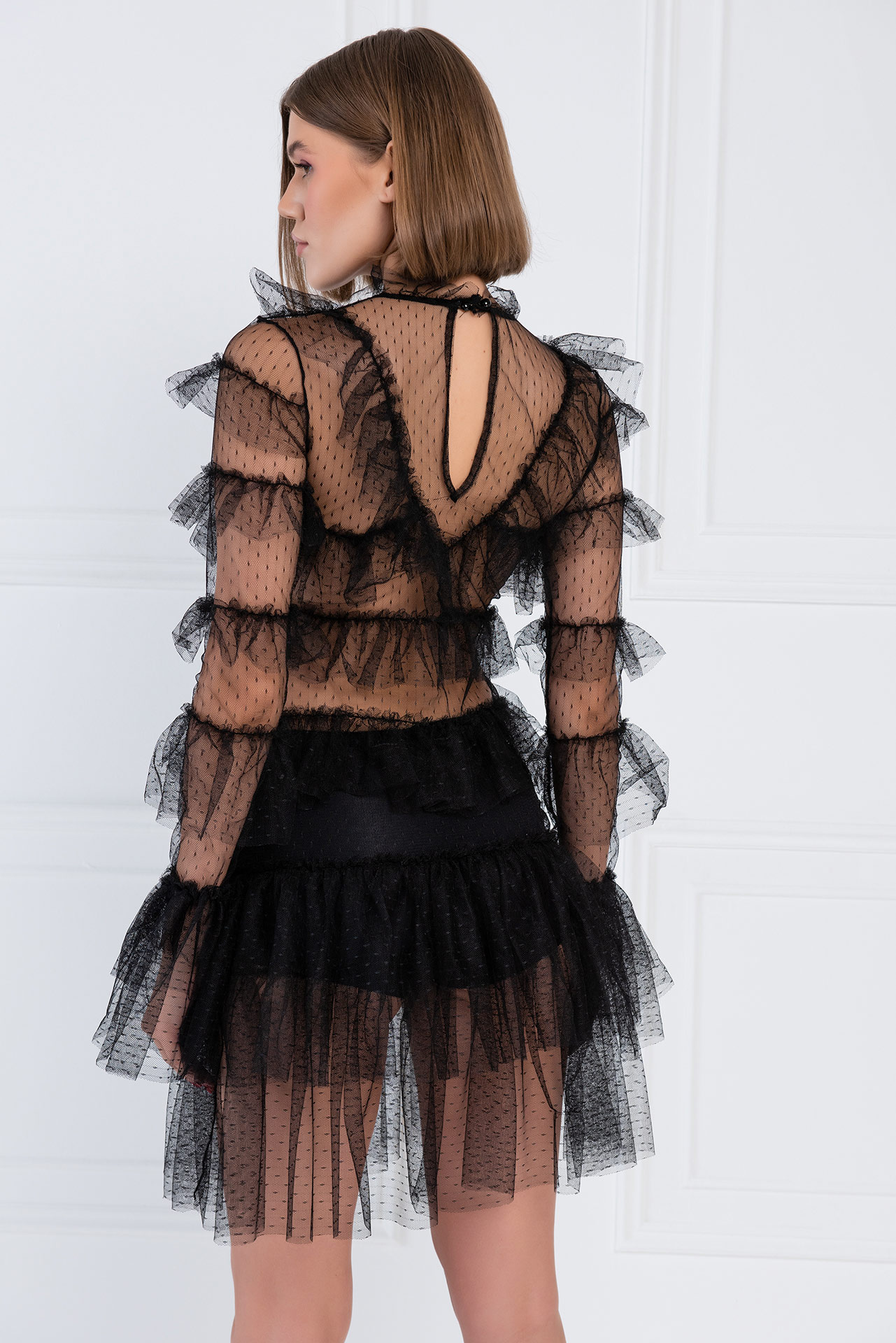 Ruffle-Trim Sheer Black Mesh Mini Dress