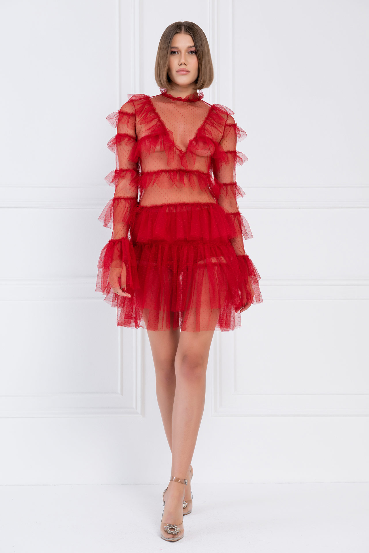 Прозрачное Платье с Рюшами красный Фатиновое Мини-Платье