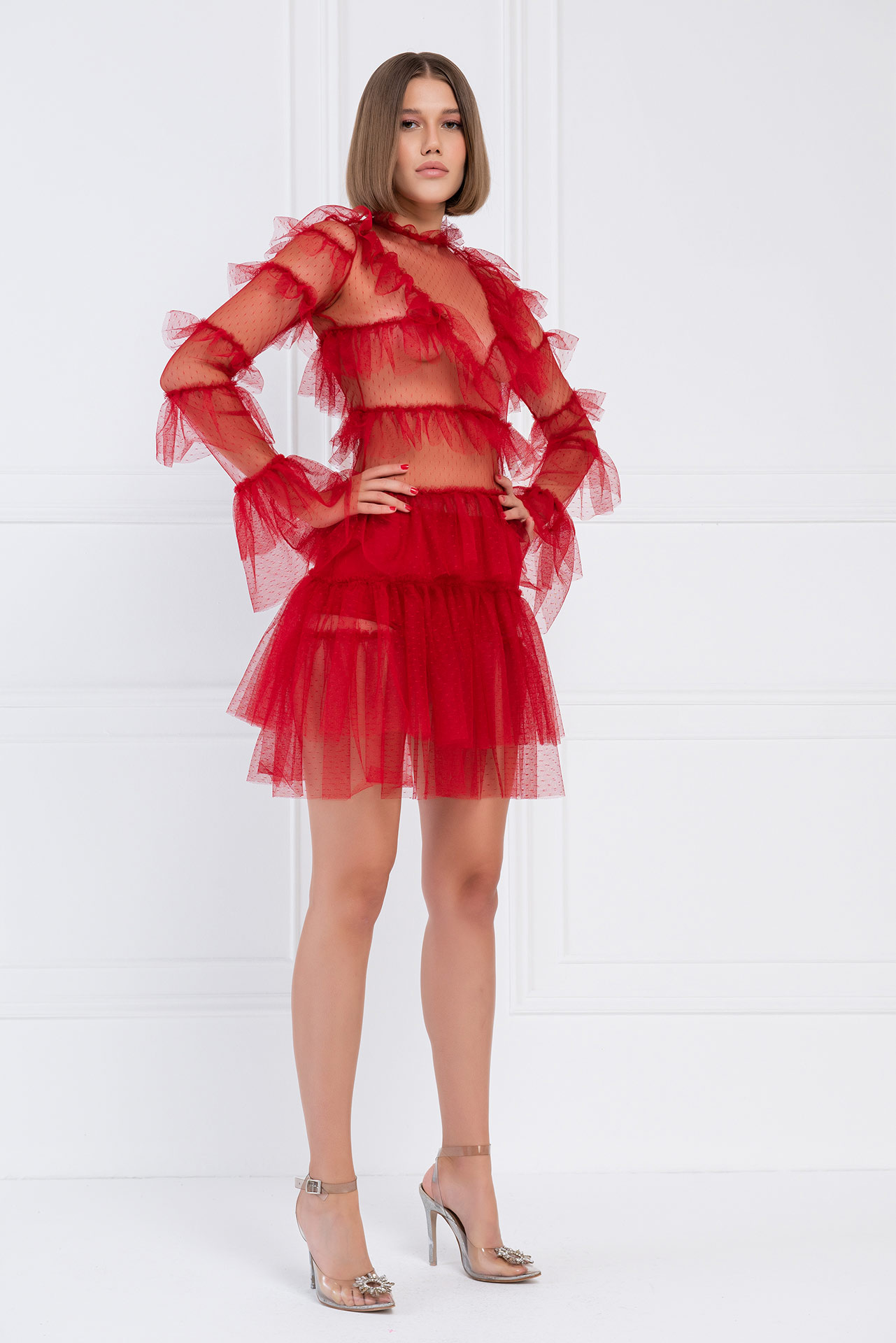 Wholesale Ruffle-Trim Sheer Red Mesh Mini Dress