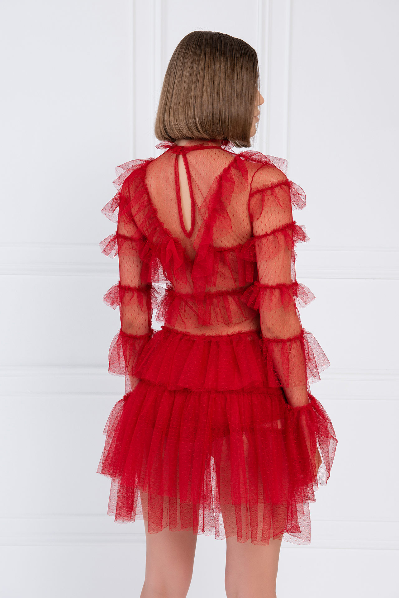 Toptan Kırmızı Volanlı Transparan Tül Elbise