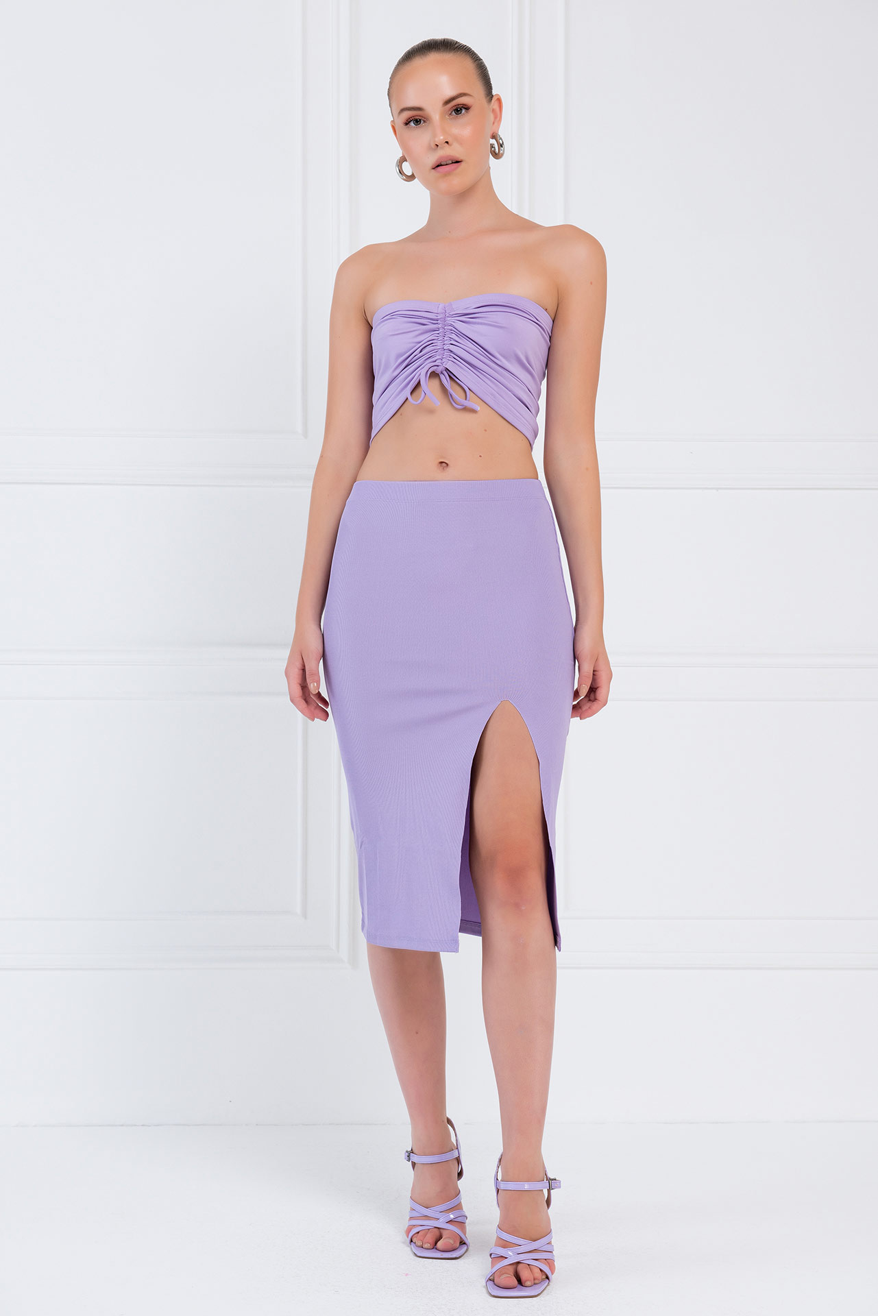 New Lilac Split-Front Bodycon Midi Skirt